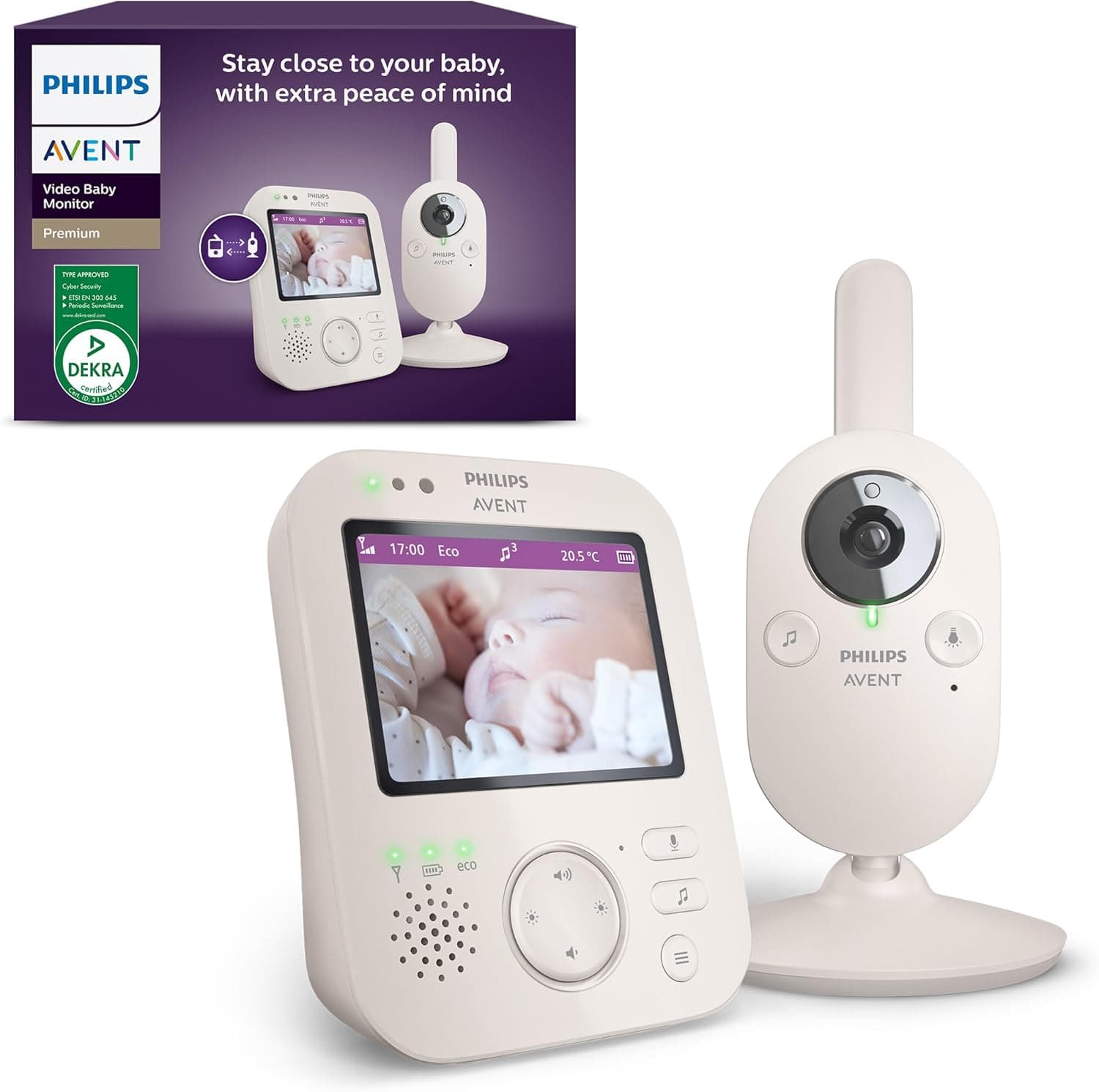 Philips Avent monitor de bebé com vídeo premium: Certificado DEKRA, privado e seguro, câmara e áudio bidirecional, cor branca, ecrã 3,5", zoom 4X, visão noturna, temperatura ambiente, SCD891/26