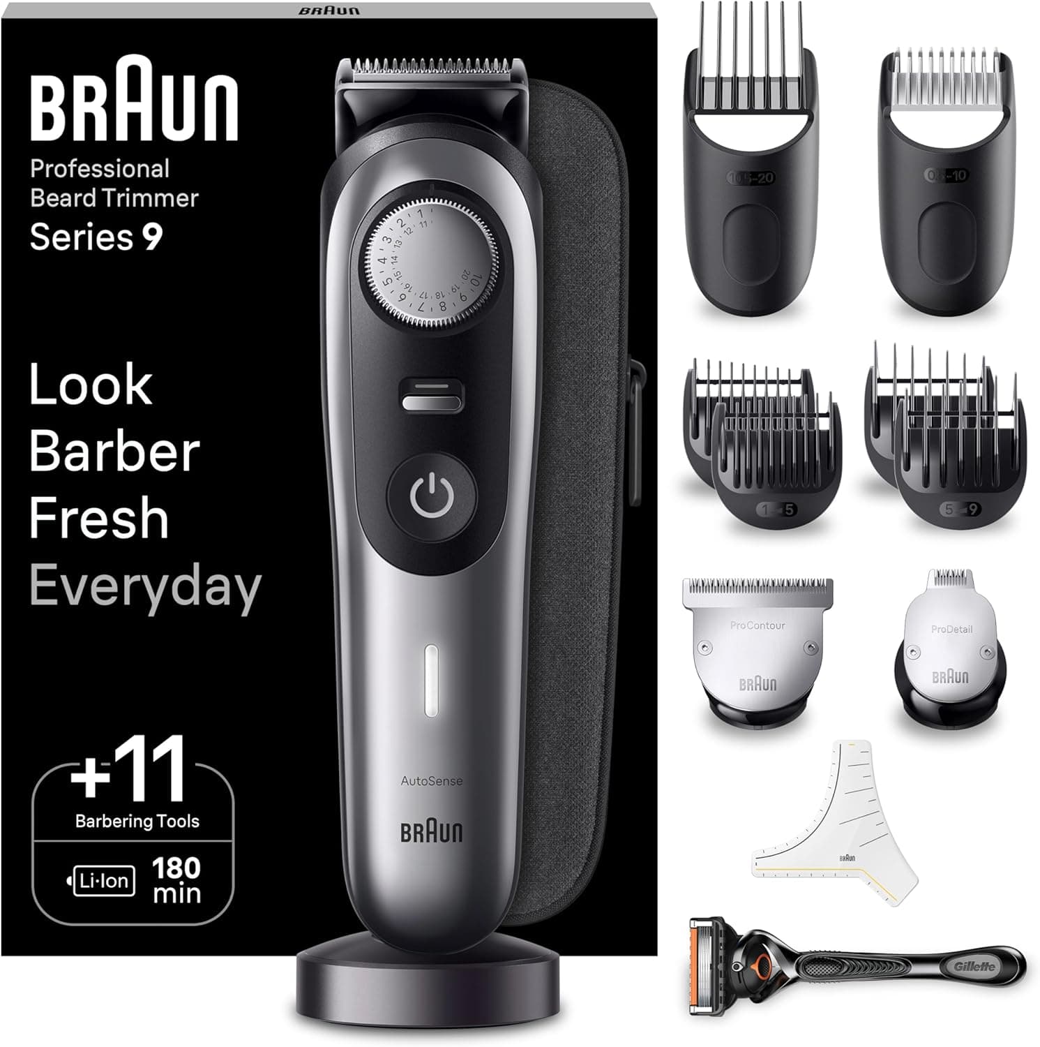 Braun Série 9 aparador de barba, máquina de cortar cabelo, corta-pelos homem profissional com acessórios de barbeiro e 180 minutos de automonomia, BT9440