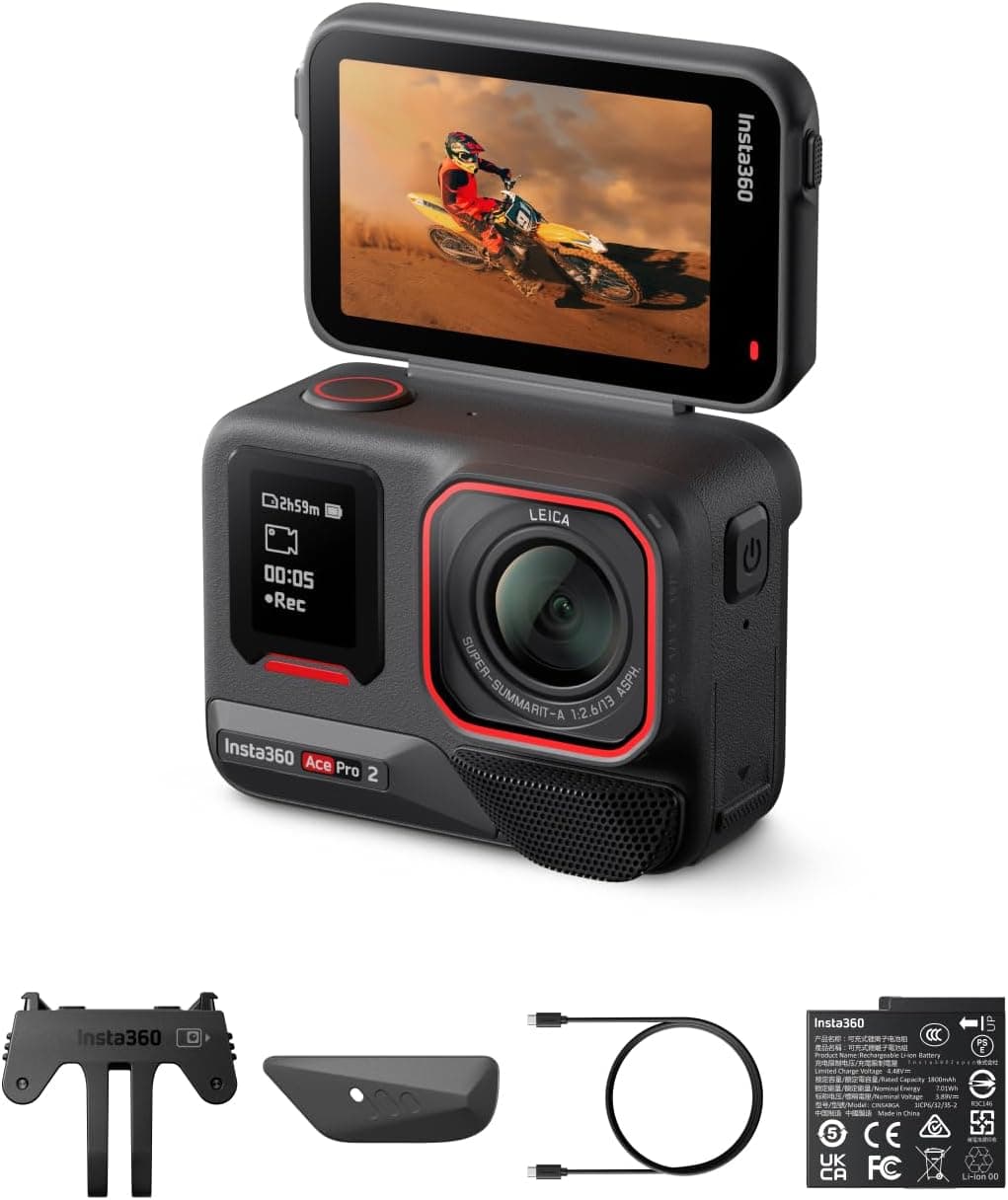 Insta360 Ace Pro 2 pacote padrão - câmara de ação 8K impermeável co-desenhada com Leica, sensor de 1/1,3", chip duplo IA, excelente em baixa luz, áudio superior, ecrã rebatível e edição via IA