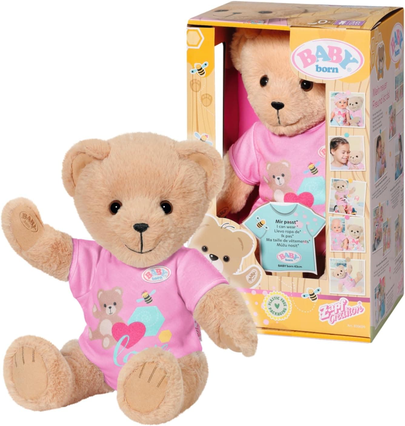 BABY born Urso de peluche com corpo rosa- peluche de ursinho, braços e pernas móveis, cabeça giratória, lavável à mão, com livro de amizade e folha de autocolantes
