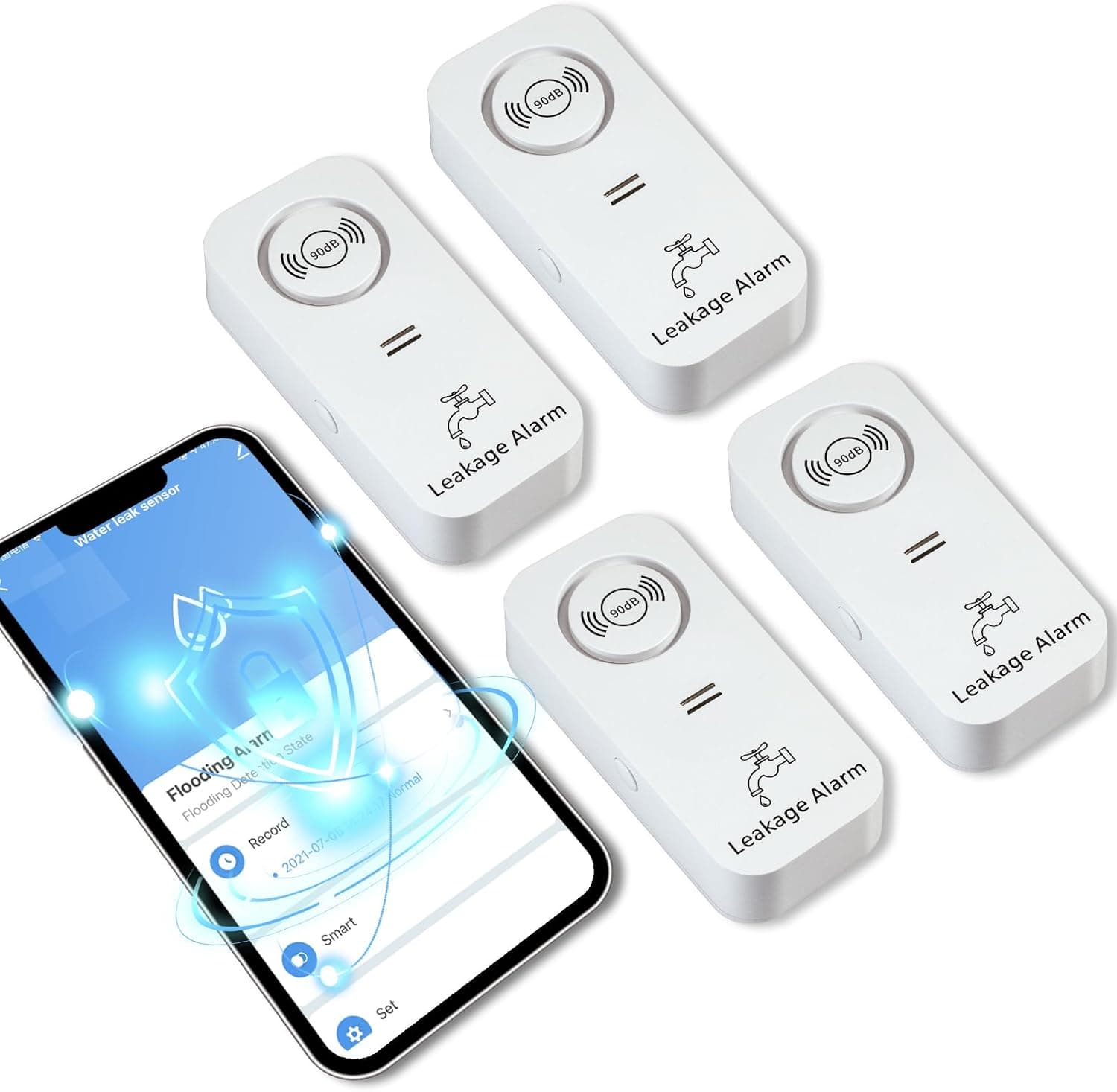 TOWODE | Pack de 4 sensores de deteção de fugas de água WiFi com alarme de 90 dB e alerta por app