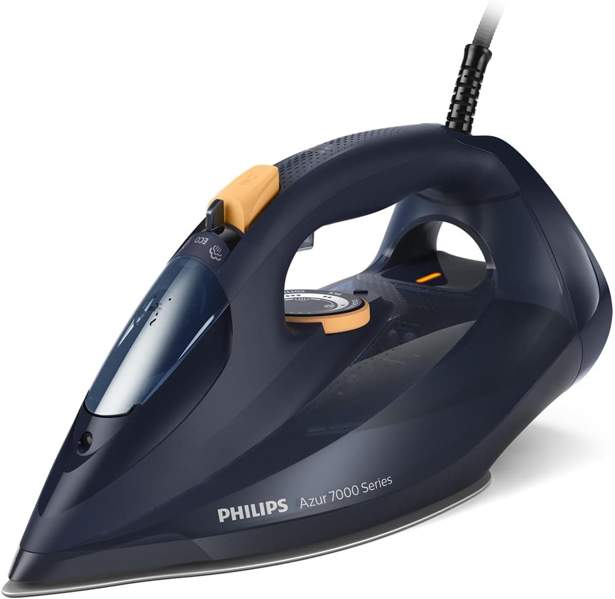Philips Azur 7000 Series Ferro a vapor, 3000 W, 55 g/min de vapor, golpe a vapor de 250 g, vapor vertical, sola SteamGlide Elite, azul/amarelo (DST7060/20)