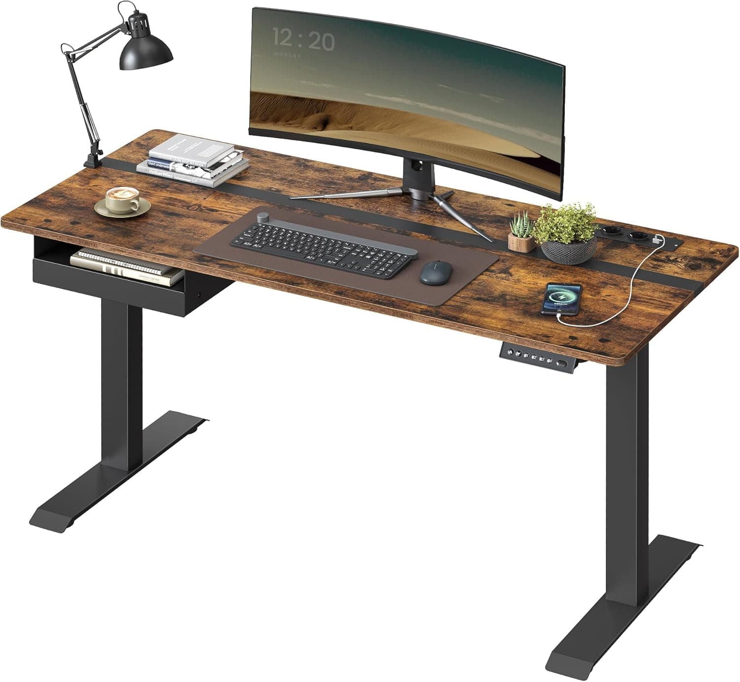 VASAGLE Mesa regulável em altura, mesa regulável, tomada e gaveta, 60 x 140 cm de bancada, ajuste contínuo, 4 funções de memória de altura, castanho rústico e preto LSD114 x 01