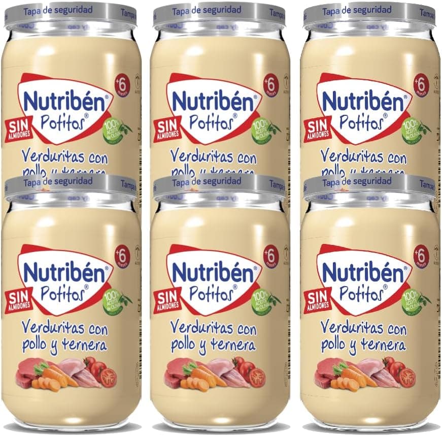 Nutribén Potitos | Tarrinho de legumes com frango e vitela | para bebés a partir de 6 meses | sem amidos, sem adição de açúcares, sem glúten, ovo, leite, conjunto de 6 unidades | 1410 g