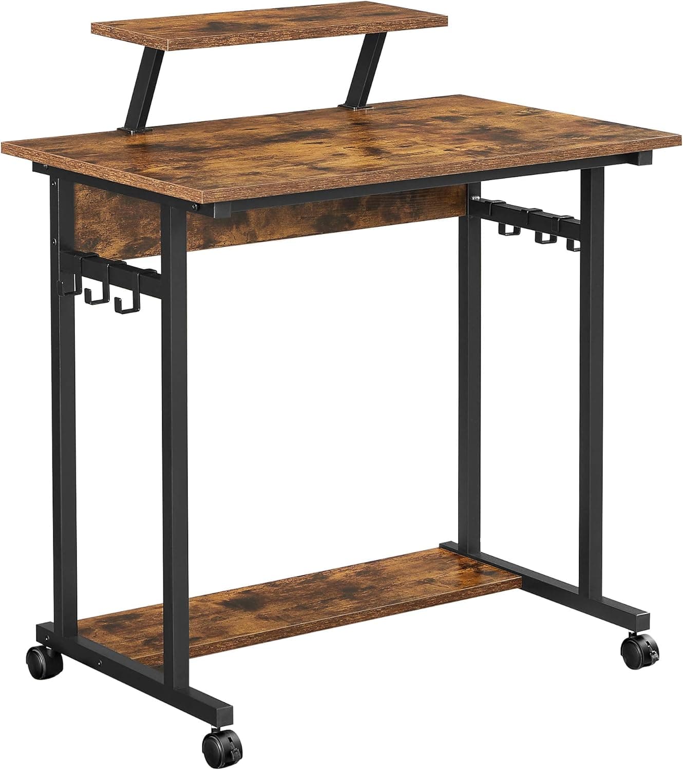 VASAGLE Secretária, mesa de computador, mesa de estudo com rodas, com suporte de ecrã, 6 ganchos, 80 x 50 x 90 cm, estilo industrial, castanho rústico e preto LWD085B01