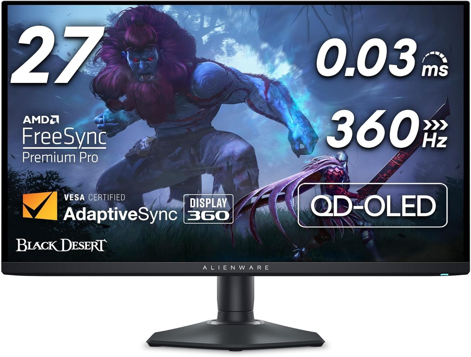 Alienware AW2725DF QHD (2560 x 1440), monitor de jogos, 360 Hz, QD OLED, 0,03 ms, AMD FreeSync Premium Pro, 99,3% DCI-P3, HDR400, USB-C, 2X DisplayPort, HDMI, 4X USB, 3 Anos de garantia
