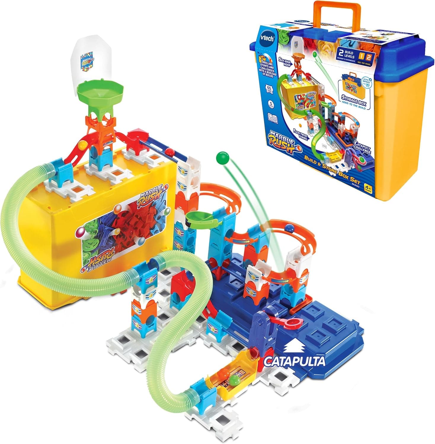 VTech - Marble Rush Storage Box, construção e armazenamento, mala de transporte que forma parte do circuito, brinquedo de construção, presente crianças + 4 anos, versão ESP