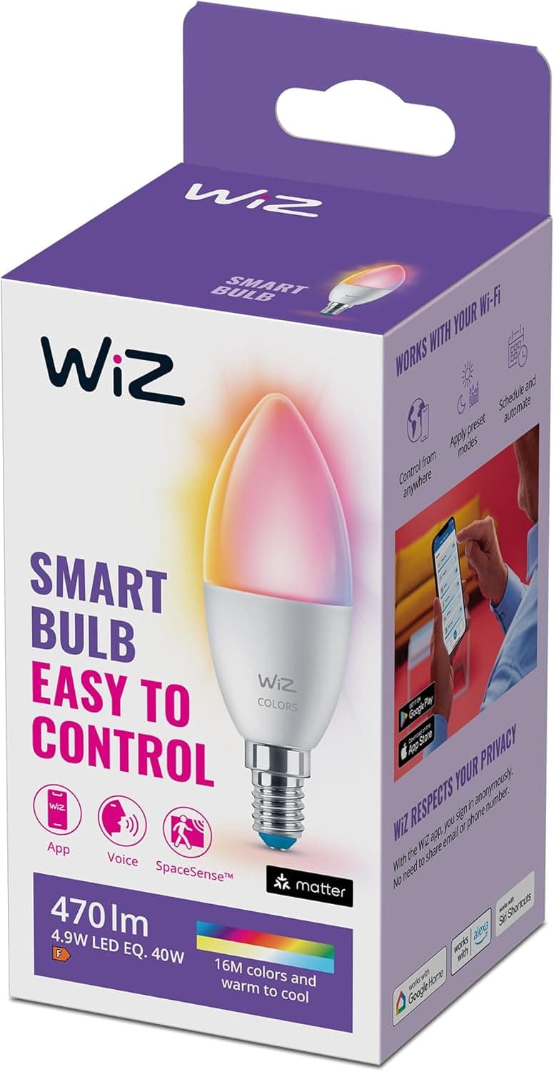 WiZ - Lâmpada LED inteligente Wi-Fi, vela de 4,9 W (Eq. 40 W) Tampa E14, luz branca e colorida, com tecnologia SpaceSense e compatível com Alexa e Google Home