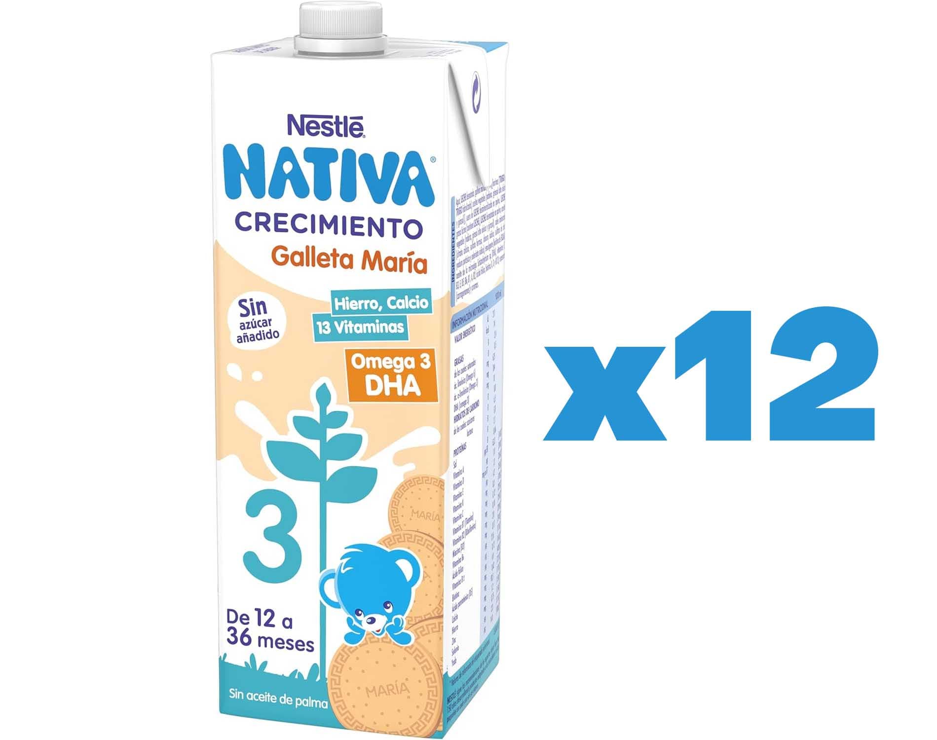 NESTLÉ NATIVA leite líquido de crescimento 3 com bolacha maria sem adição de açúcar para bebés a partir de 1 ano. 6 Pilhas de 1 L