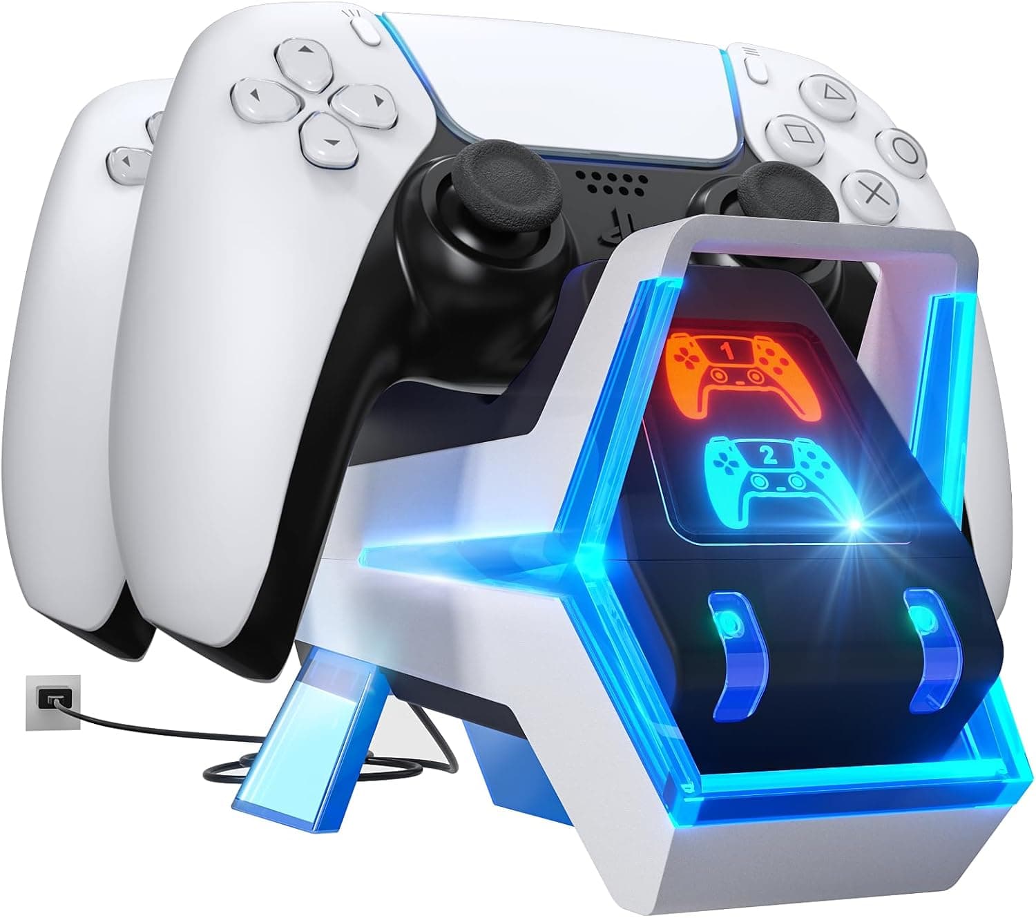 Fenolical Estação de carregamento para comando PS5, carregamento para comando PS5 acessórios de estação de carregamento duplo Playstation5 estilo cão eletrónico com indicador LED, azul/branco