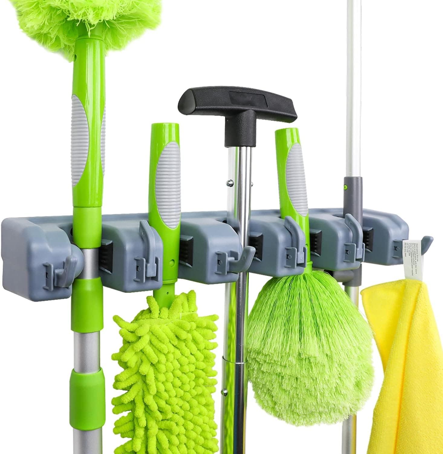 Amazon Basics - Retângulo suporte para vassouras e organizador de ferramentas de jardim e limpeza para lavandaria, cozinha, galpão e garagem, 6 ganchos e 5 ranhuras, 6,2 x 43 x 8,5 cm