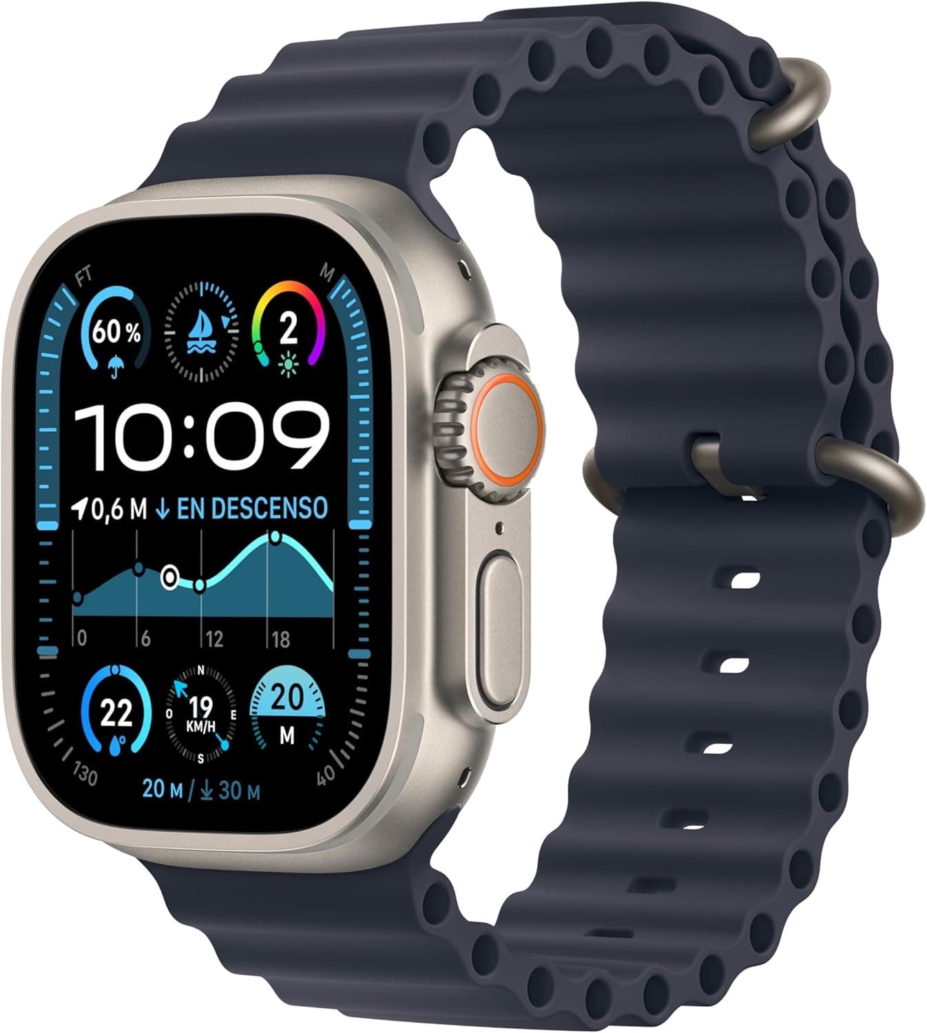 Apple Watch Ultra 2 GPS Cellular Smartwatch, relógio desportivo com caixa de titânio natural resistente de 49 mm e correia oceano azul-marinho. Monitor de treino e ecrã Retina brilhante