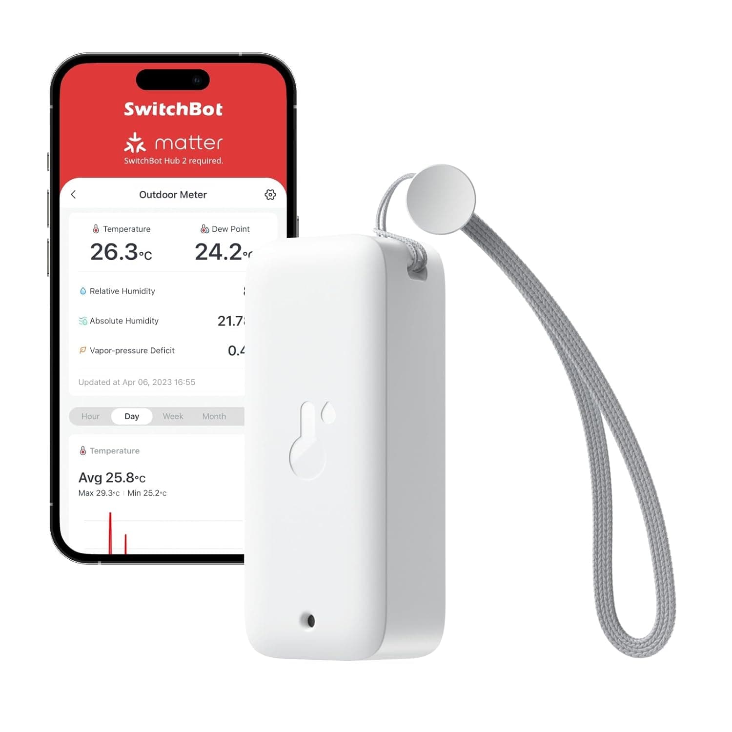 SwitchBot IP65 Termómetro higrômetro de exterior, 100 m Bluetooth Âmbito, termómetro de interior, ponto de orvalho/VPD/sensor de humidade absoluto, exportação gratuita de dados, 2 anos de bateria