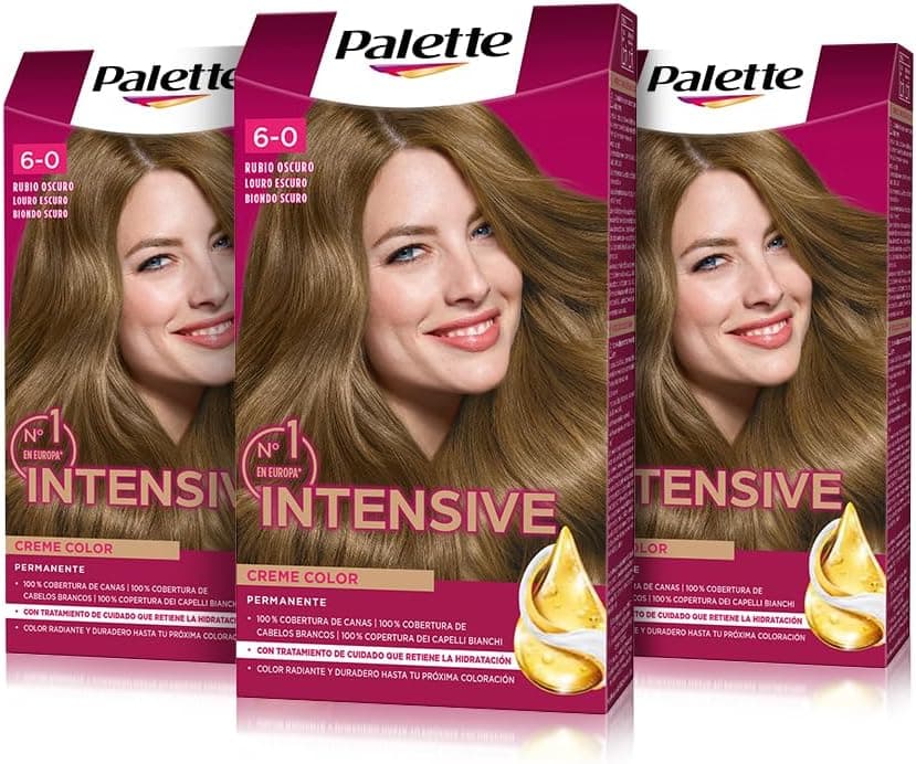 Palette Intensive Creme Color 6-0 Louro escuro, tinta permanente de cabelo com óleo de macadâmia e amêndoas, cobre 100 % dos cabelos brancos e raízes, para cores radiantes, pack 3