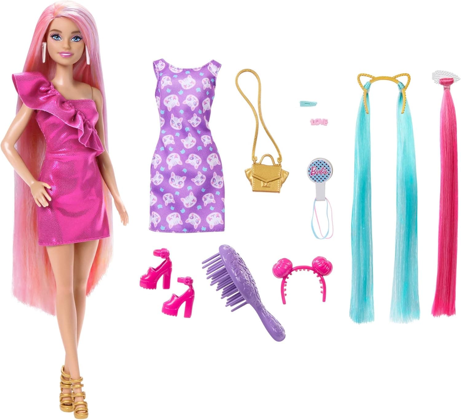 Barbie Totally Hair boneca com cabelo extralongo colorido, pente, 2 vestidos e acessórios para pentear, brinquedo + 3 anos (JDC85)