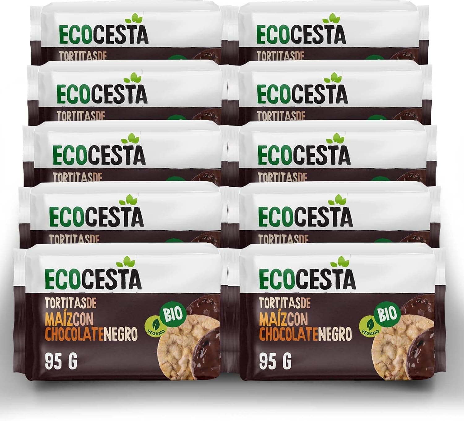 ECOCESTA MEJOR CADA DIA | Pack de 10 unidades de bolachas de arroz biológicas com chocolate preto sem glúten