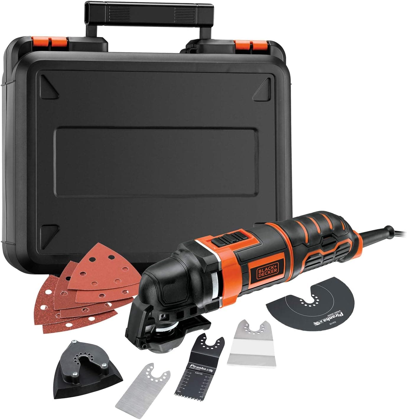 Black+Decker MT300KA-QS Multiferramenta oscilante de 300 W com 5 acoplamentos, 6 folhas de lixa e pasta, preto/laranja, 230 V