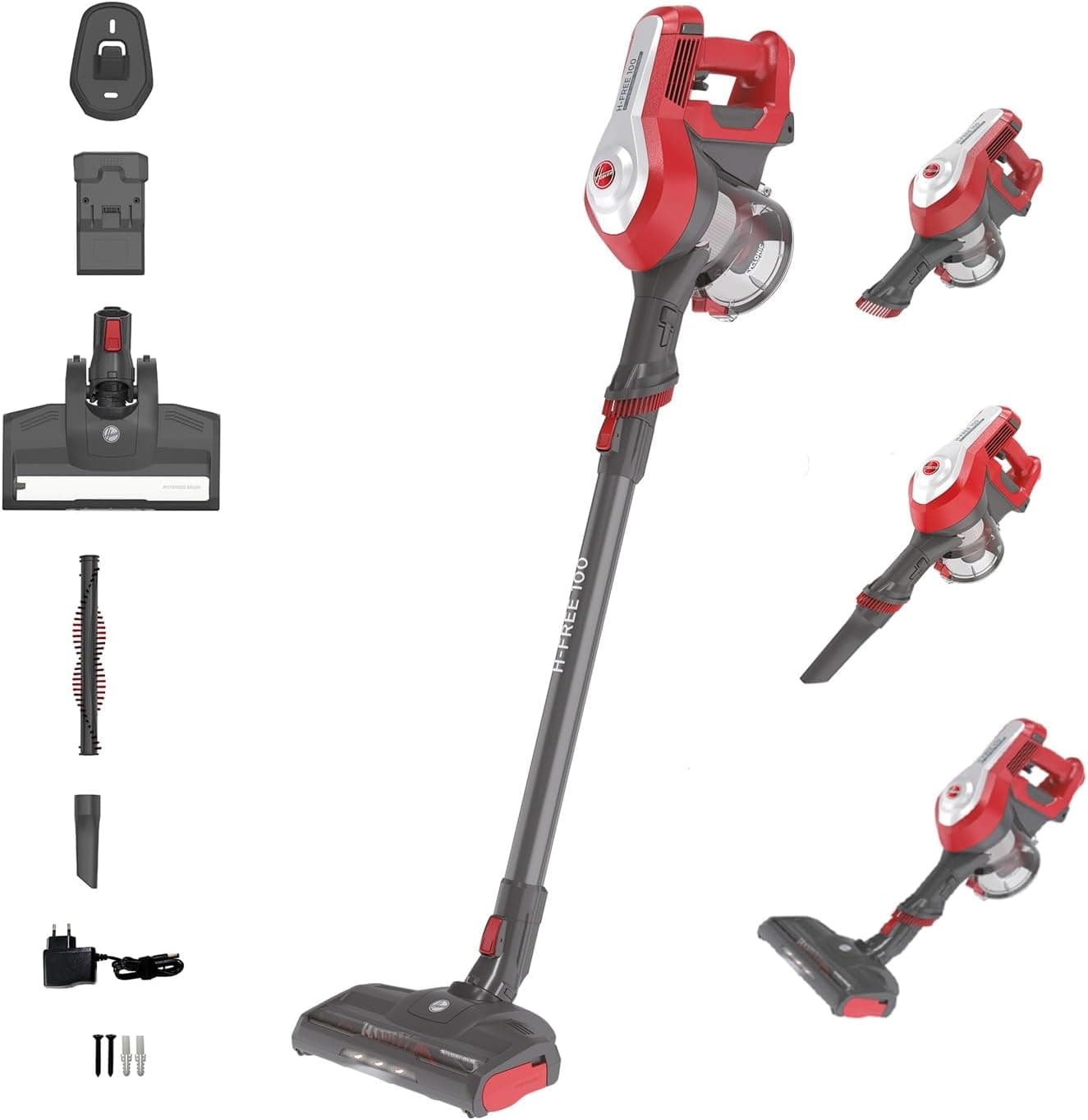 Hoover H FREE 100 HF122RH Aspirador de pó sem cabo, sistema ciclónico, escova para pisos duros, acessórios integrados, luzes LED, reservatório 0,9 L, bateria removível lítio 22 V, 40 min, 2 velocidades
