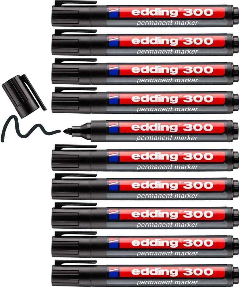 edding 300 Marcador permanente - preto - 10 canetas de feltro - ponta redonda 1,5-3 mm, impermeável, de secagem rápida, marcadores indeléveis - para cartão, plástico, vidro, madeira, metal