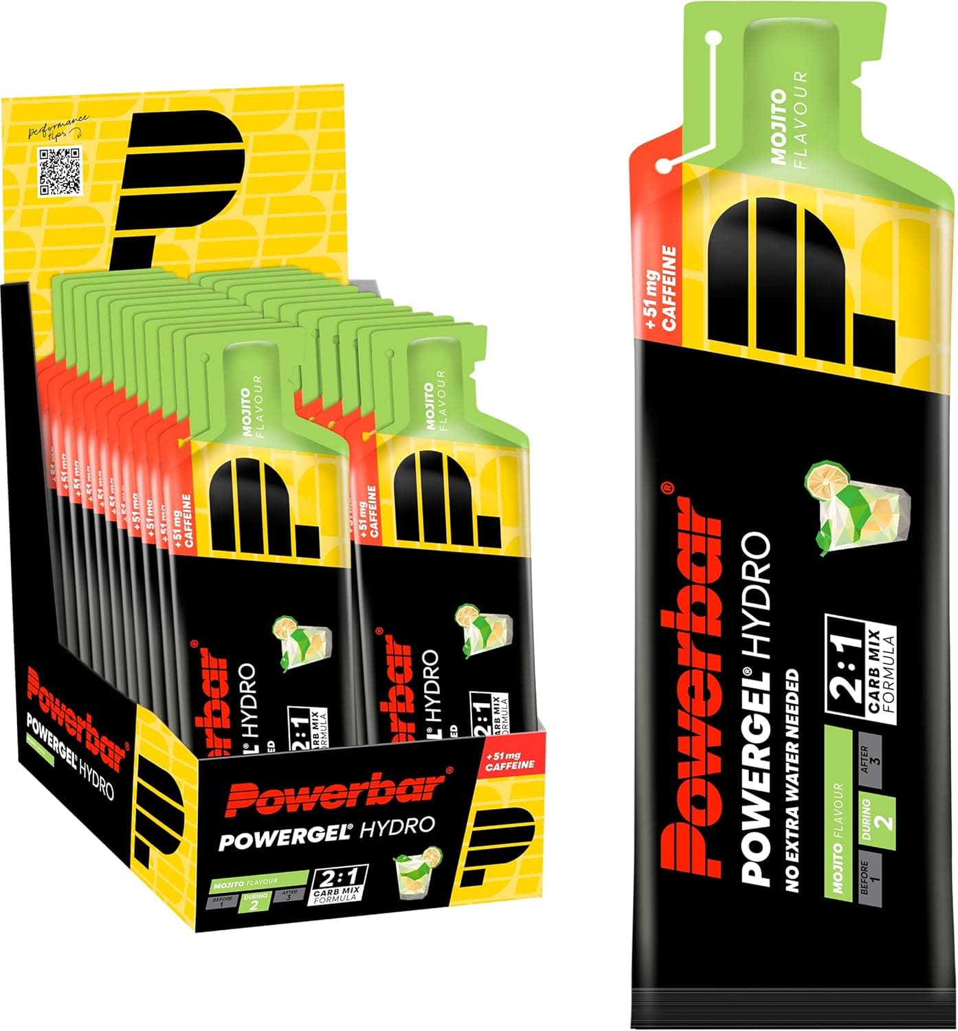 Power Bar PowerGel Hydro Mojito | Gel energético com cafeína e sódio pack de 24 saquetas de 67 ml
