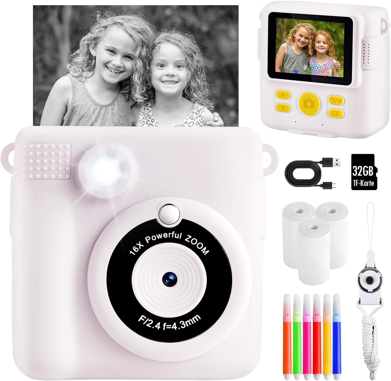 CHRERNA Câmara com fotos infantis instantâneas, 2,4" HD câmara com fotos infantis, 1080P câmara instantânea com cartão de 32 GB e papel de impressão, presente para meninos e meninas 3 a 12 anos