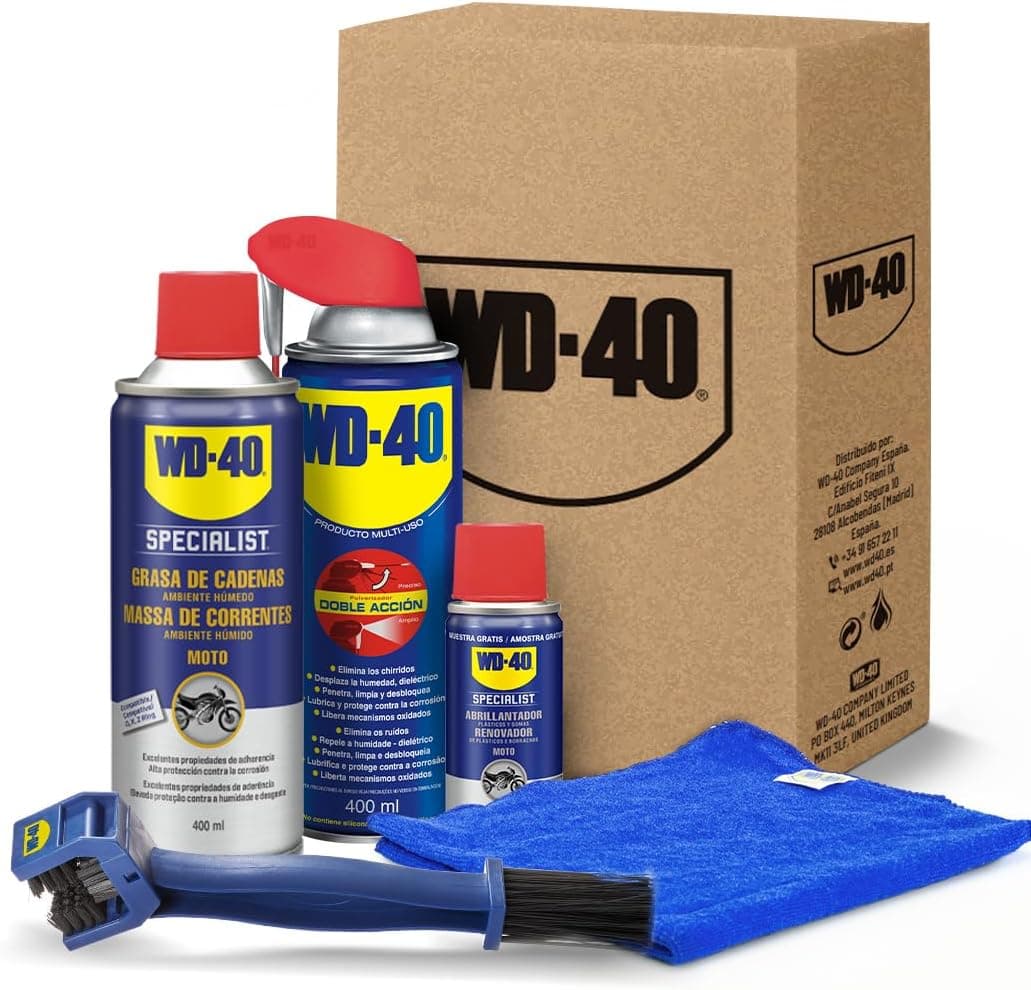 WD-40 Specialist Motorbike Kit de manutenção total multiusos gaze de correntes brilhante de plástico e borracha escova limpa correntes pano de microfibra