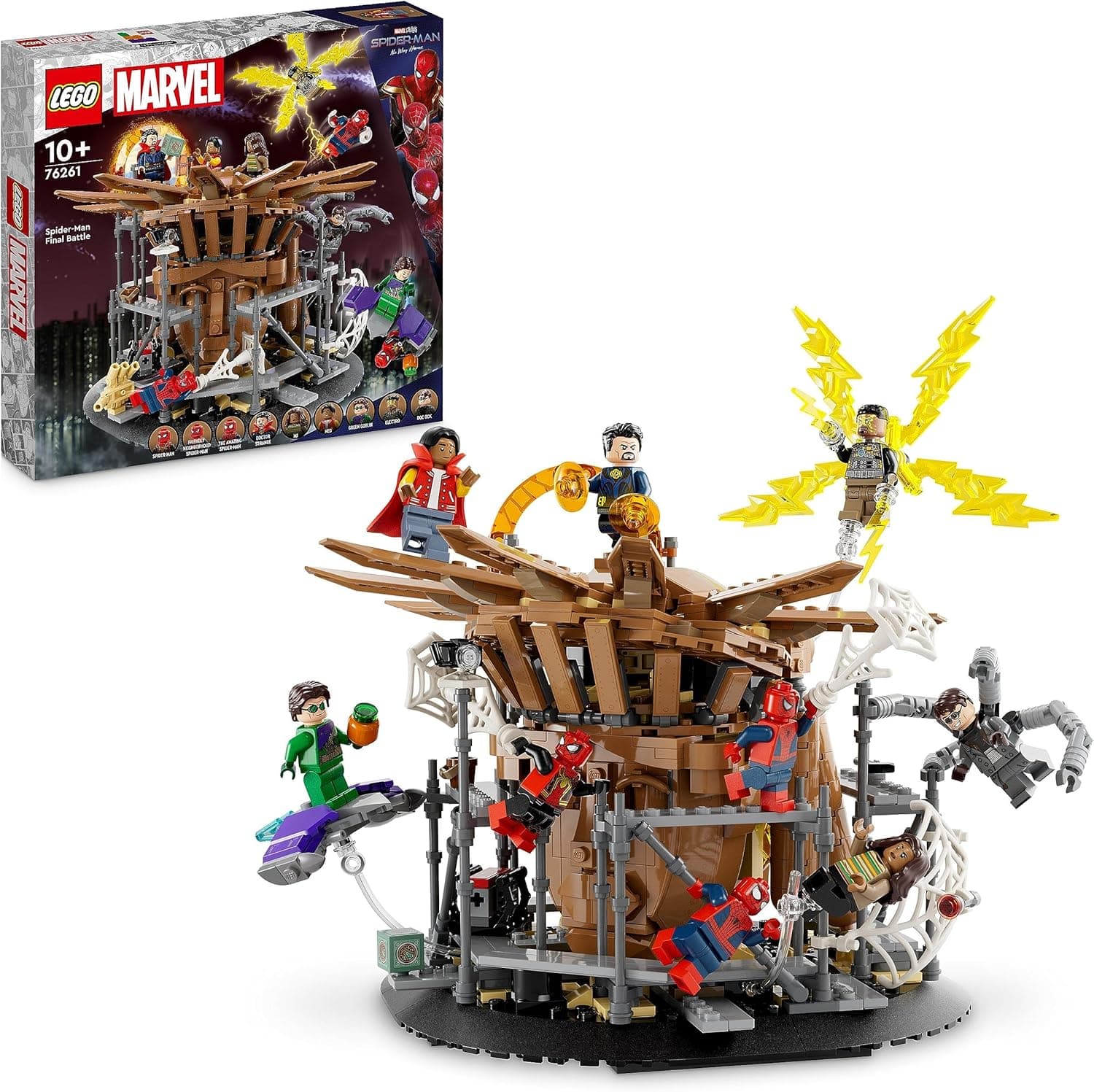 LEGO 76261 Marvel batalha final do Homem-Aranha, recreia a cena de No Way Home com 3 minifiguras de Peter Parker, Duende verde, Electro, Homem de areia, Ned, Dr Strange e MJ, Maquete colecionável