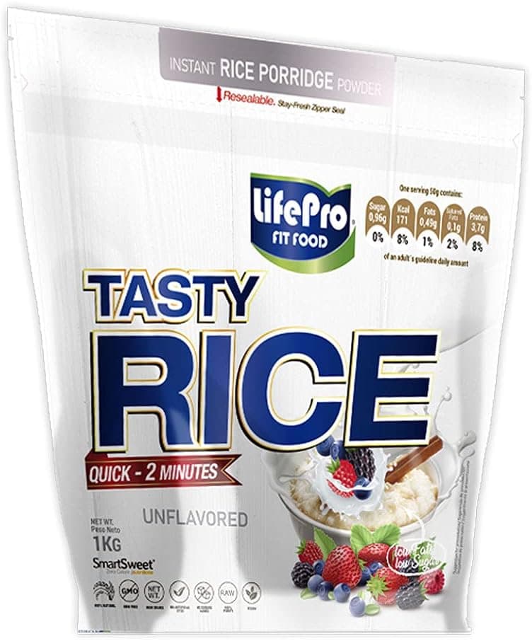 Life Pro Tasty Rice 1 kg Farinha de arroz pré-gelatinizada para melhor similação e digestão, carboidratos para mais energia, textura extra fina sem açúcares (choque branco)
