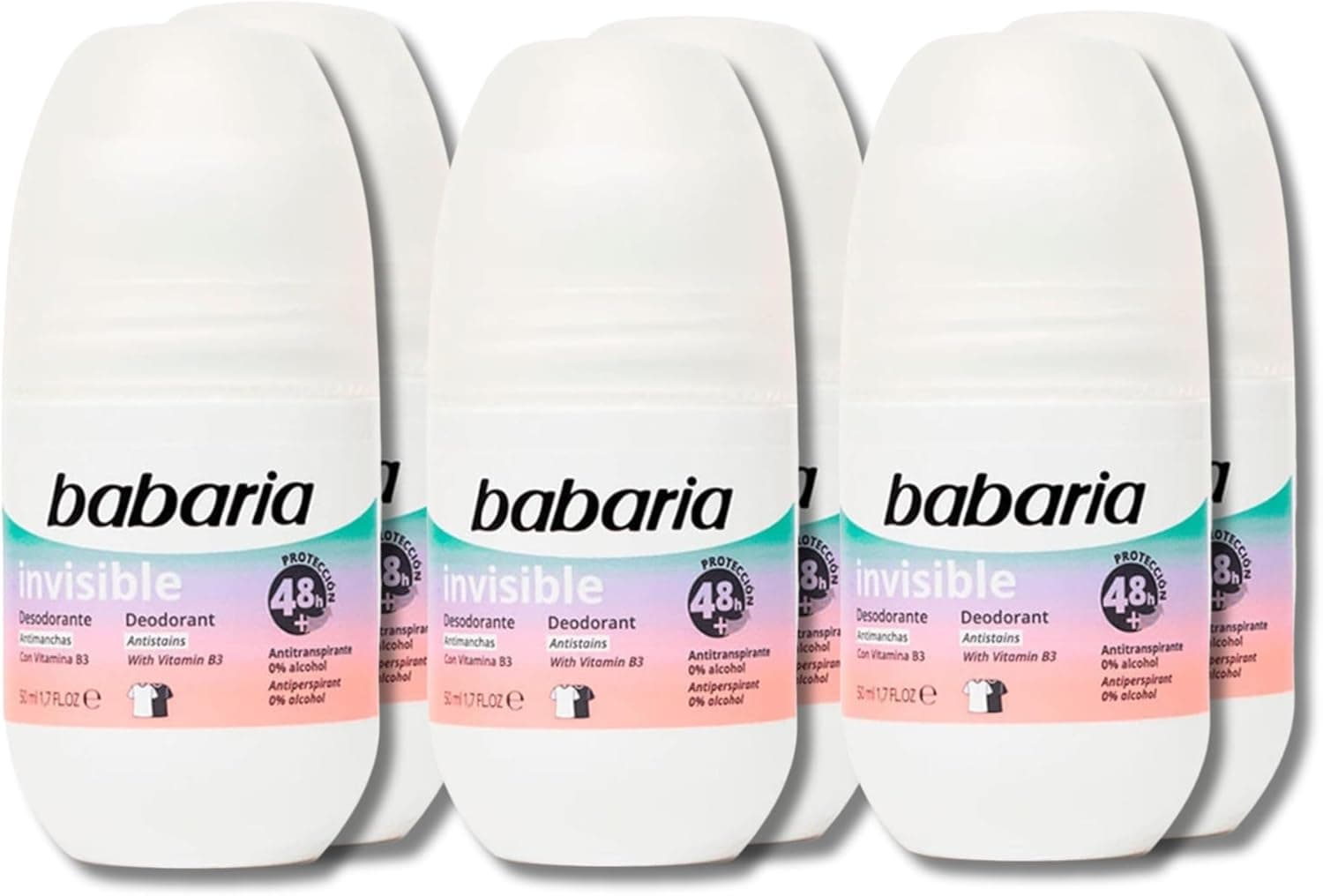 Babaria - Pacote 6 de desodorizante mulher e homem rolo invisível | desodorizante para crianças e adultos | desodorizante de Deos hidratante | proteção 48h | 100% vegan