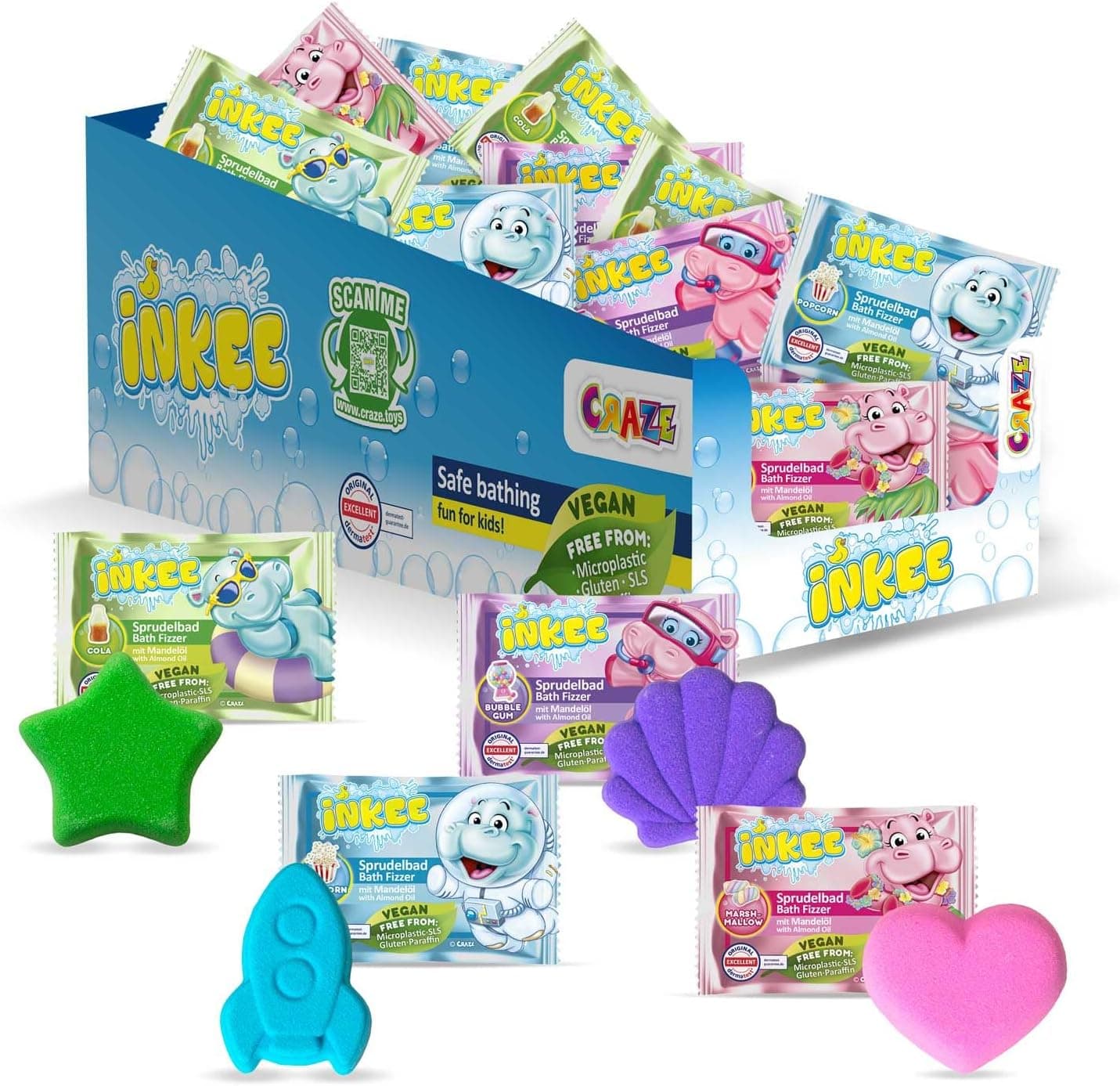INKEE Bath Fizzer | Caixa com 40 bombas de banho efervescentes enriquecidas com óleo de amêndoas em 4 formas, cores e aromas