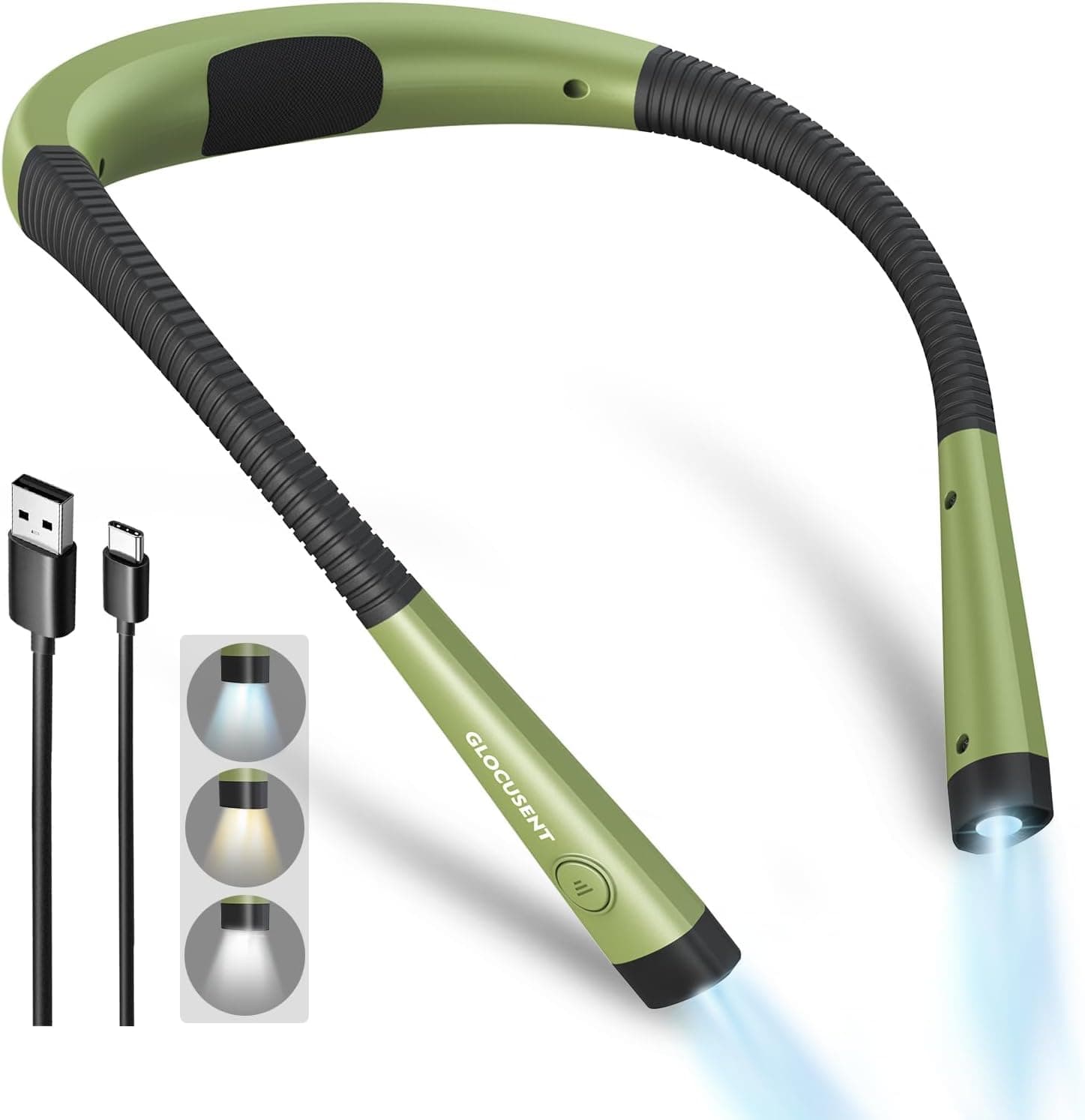 Glocusent Luz de leitura, lâmpada de livro de leitura recarregável, 3 cores, 6 níveis de iluminação, braços flexíveis, longa duração, perfeito para ler, tecelagem, campismo, reparação (verde)