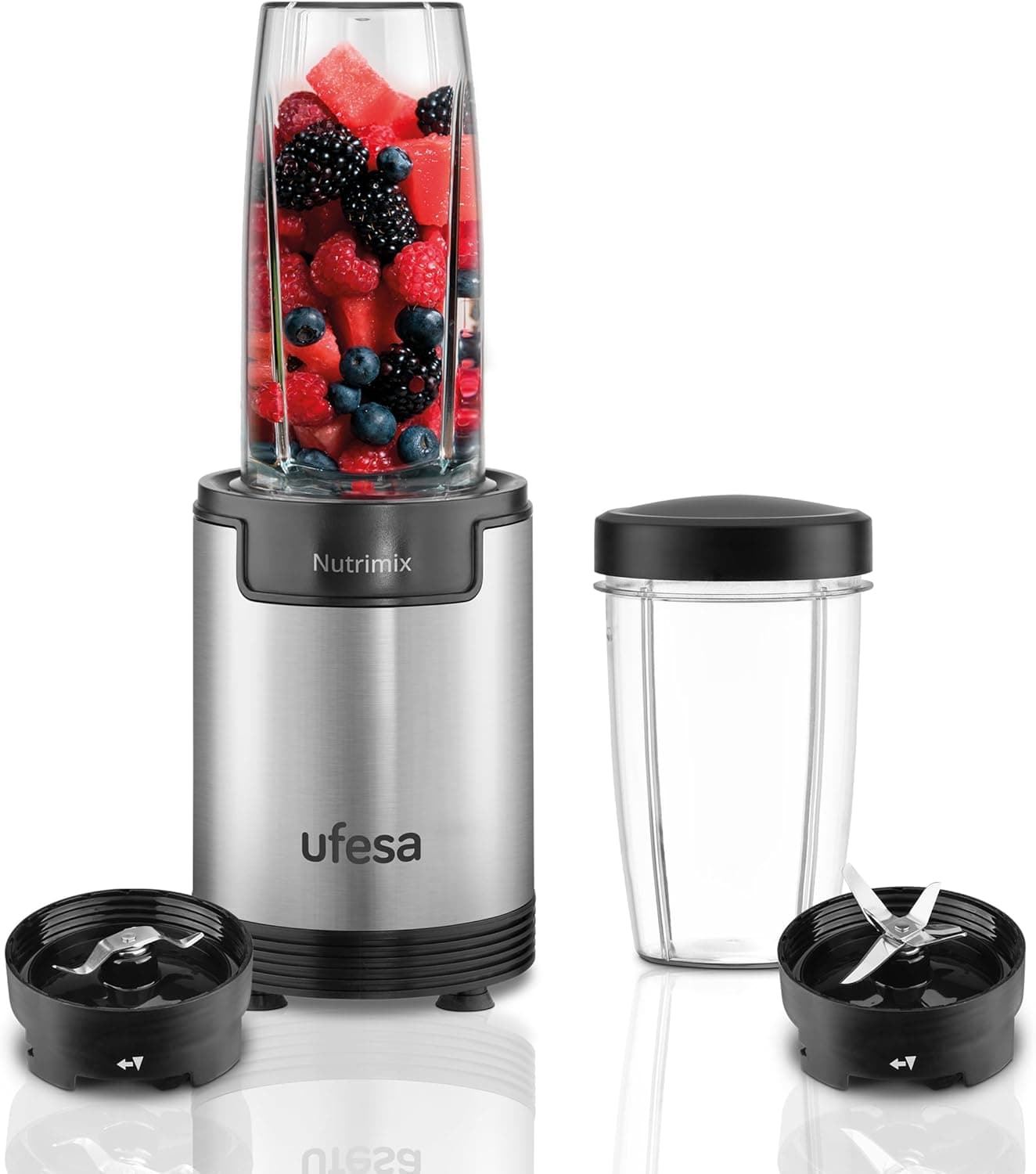 Ufesa Nutrimix Liquidificadora individual para copo, extrator de nutrientes e vitaminas multifuncionais, 900 W de potência, lâminas em aço inoxidável, batidos e smoothies, esmagamento gelo, acessórios