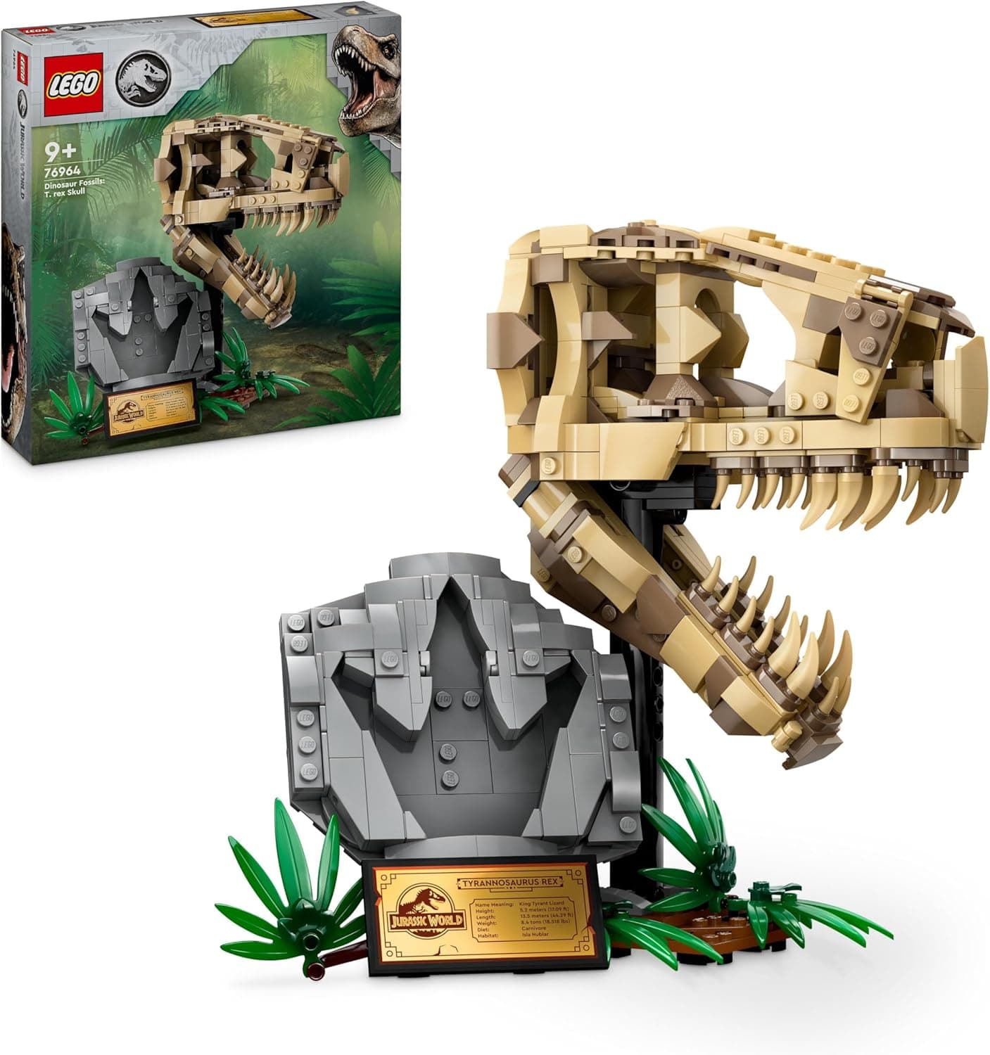 LEGO Jurassic World Fósseis de dinossauro: Crânio de T. rex de brinquedo, jogo educativo para crianças, meninas e fãs de filmes de 9 anos ou mais de casaco de construção esqueleto com ossos 76964