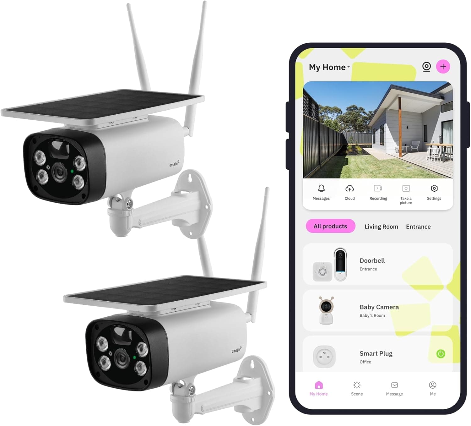OMAJIN by Netatmo, 2 x câmara de vigilância solar exterior sem fios, com bateria, visão noct 1080P, sereia 105dB, detecção humana/movimento/som, áudio bidirecional, SD/Cloud, IP55, OBU-2OSC