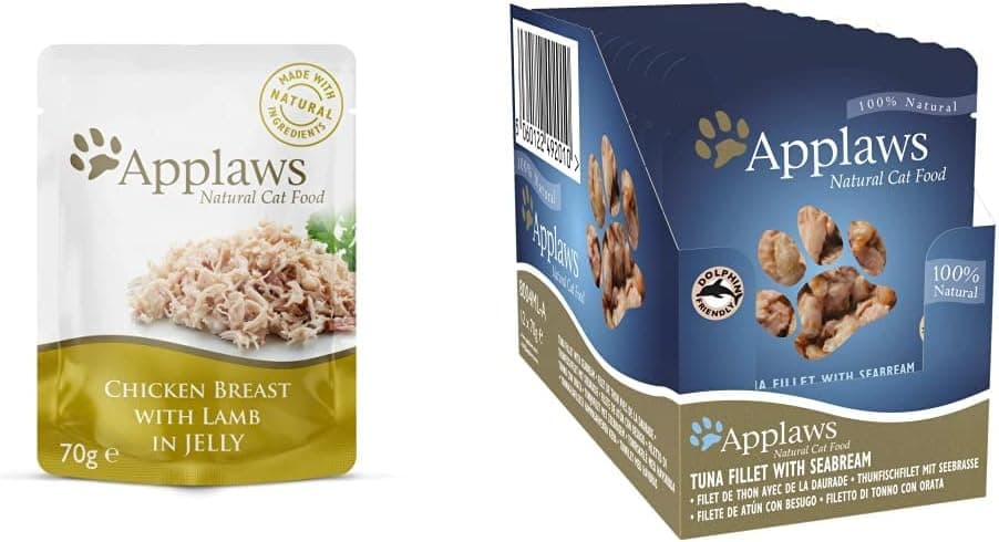 Applaws | Saquetas de comida húmida para gato com frango e borrego em gelatina 16x70 g e atum com dourada 12x70 g