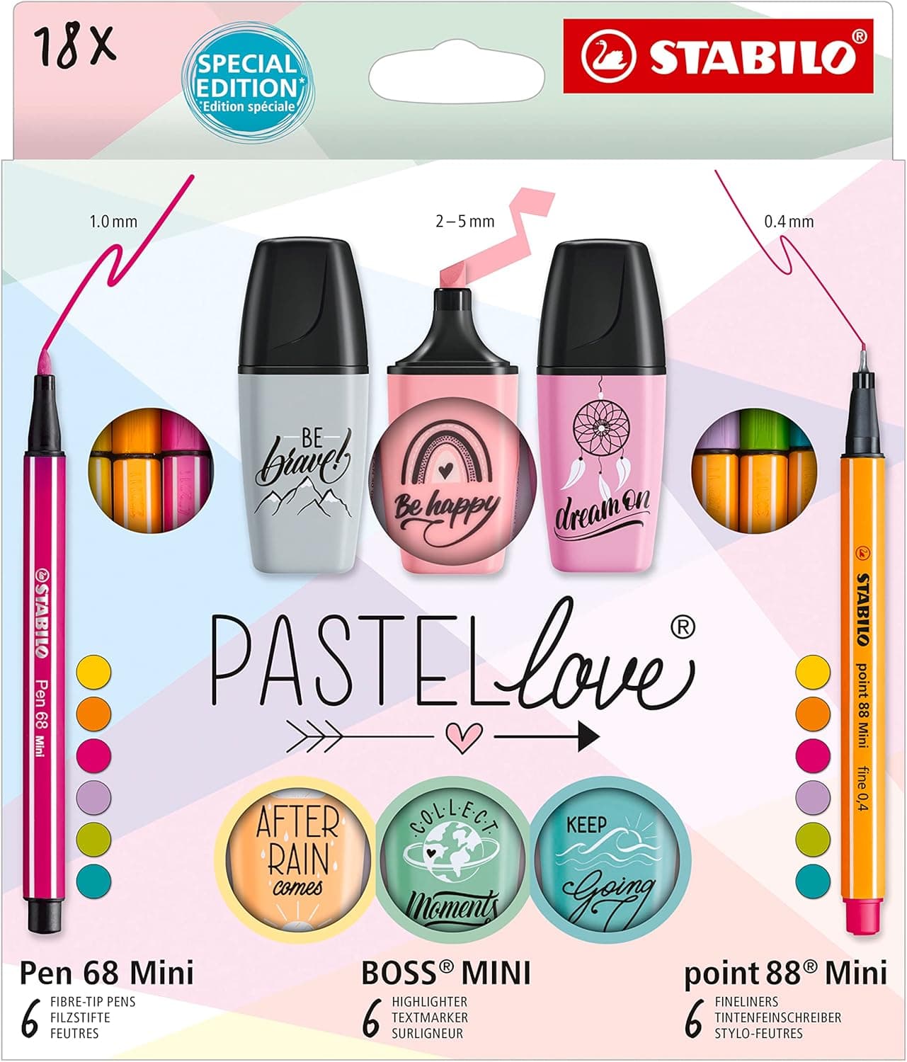 STABILO Estojo Pastellove Collection com 6 marcadores premium Pen 68 mini, 6 marcadores de ponta fina ponto 88 mini, 6 marcadores mini Pastellove 2.0