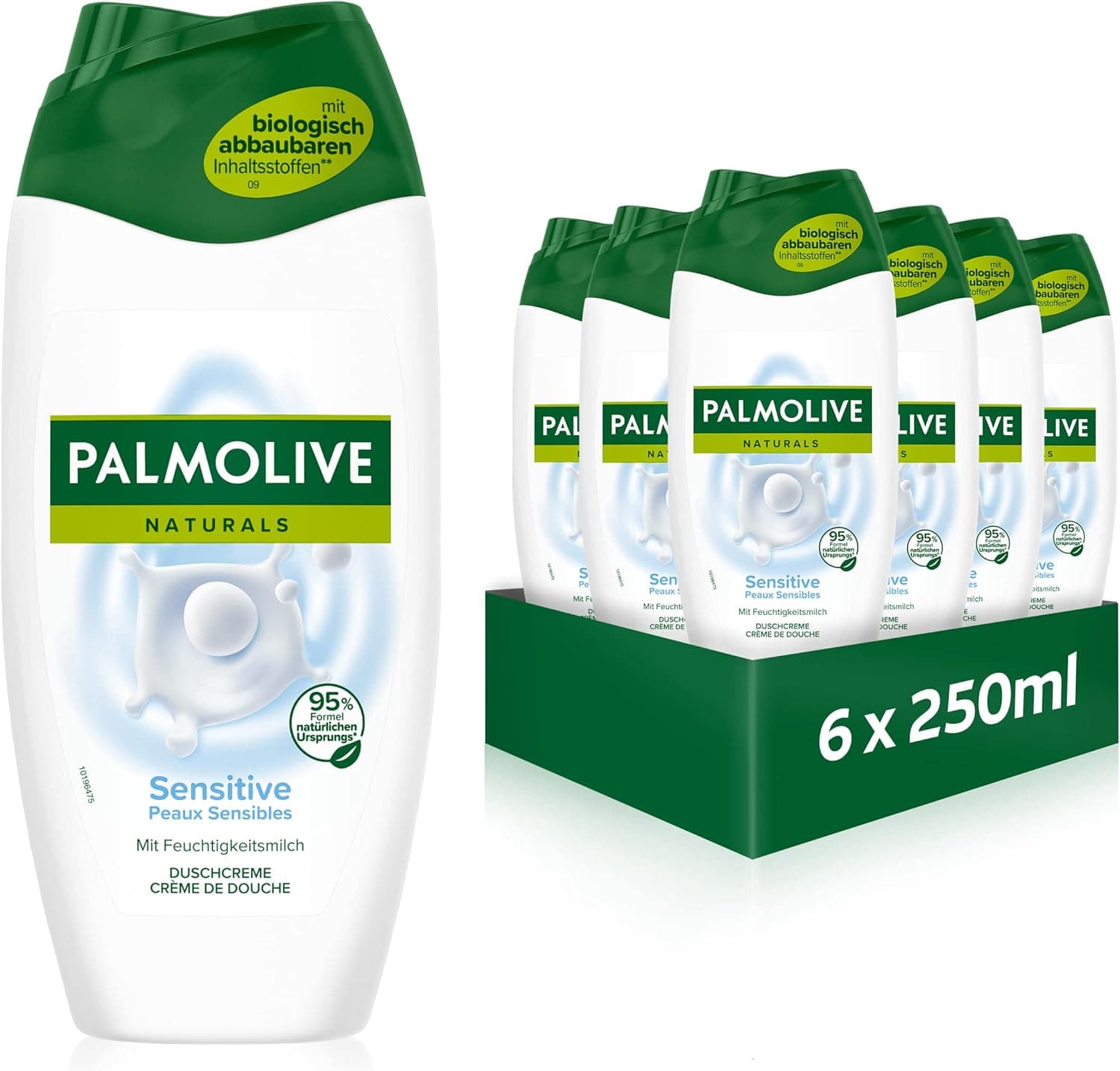 Palmolive Gel de banho, natural, para peles sensíveis, 6 x 250 ml, creme de banho com leite hidratante