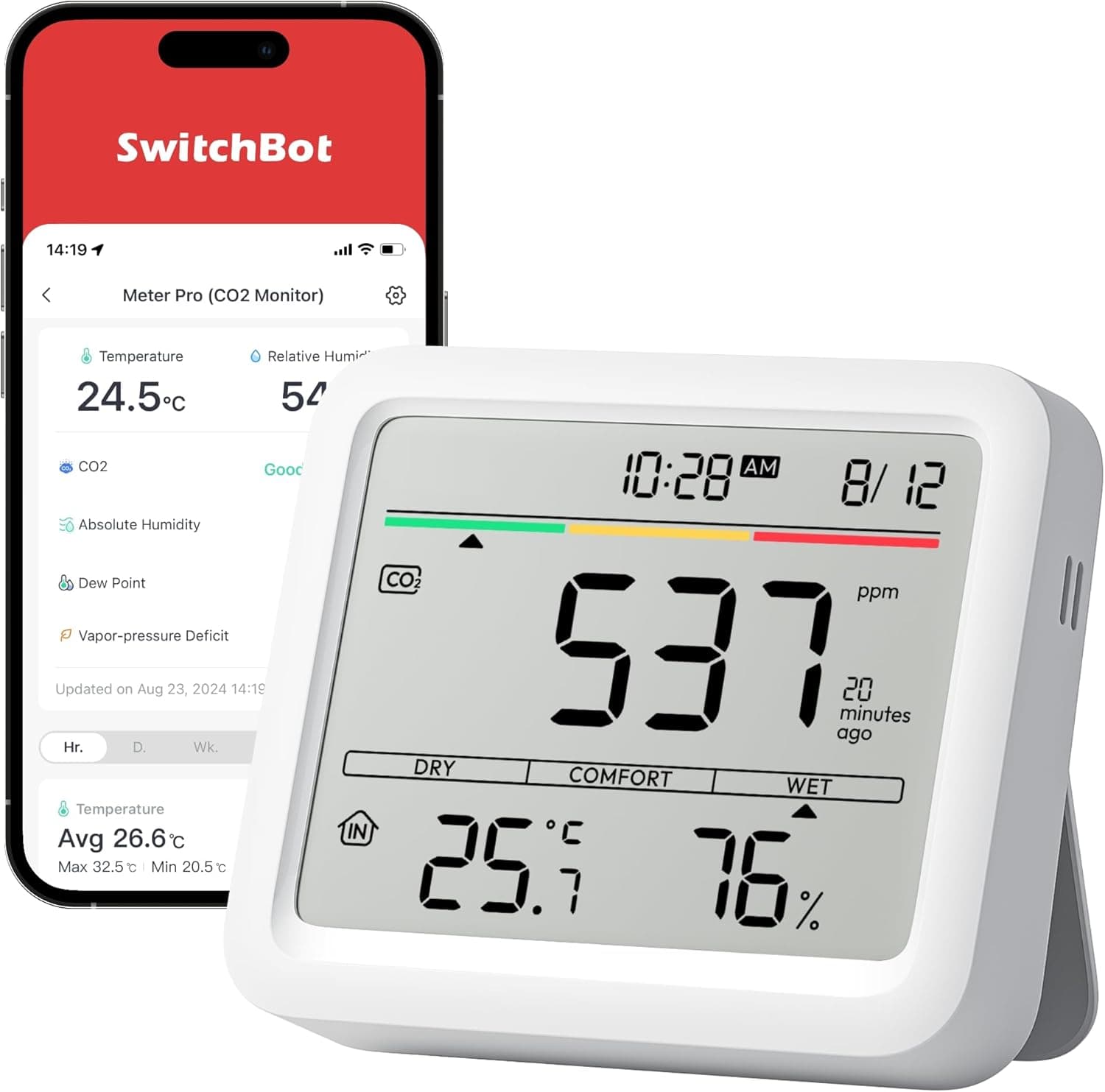 SwitchBot Monitor de qualidade do ar interior, estação meteorológica com alarme CO2, detetores de CO2, termómetro com aplicativo, Bluetooth, arquivo de dados 2 anos, é necessário SwitchBot Hub