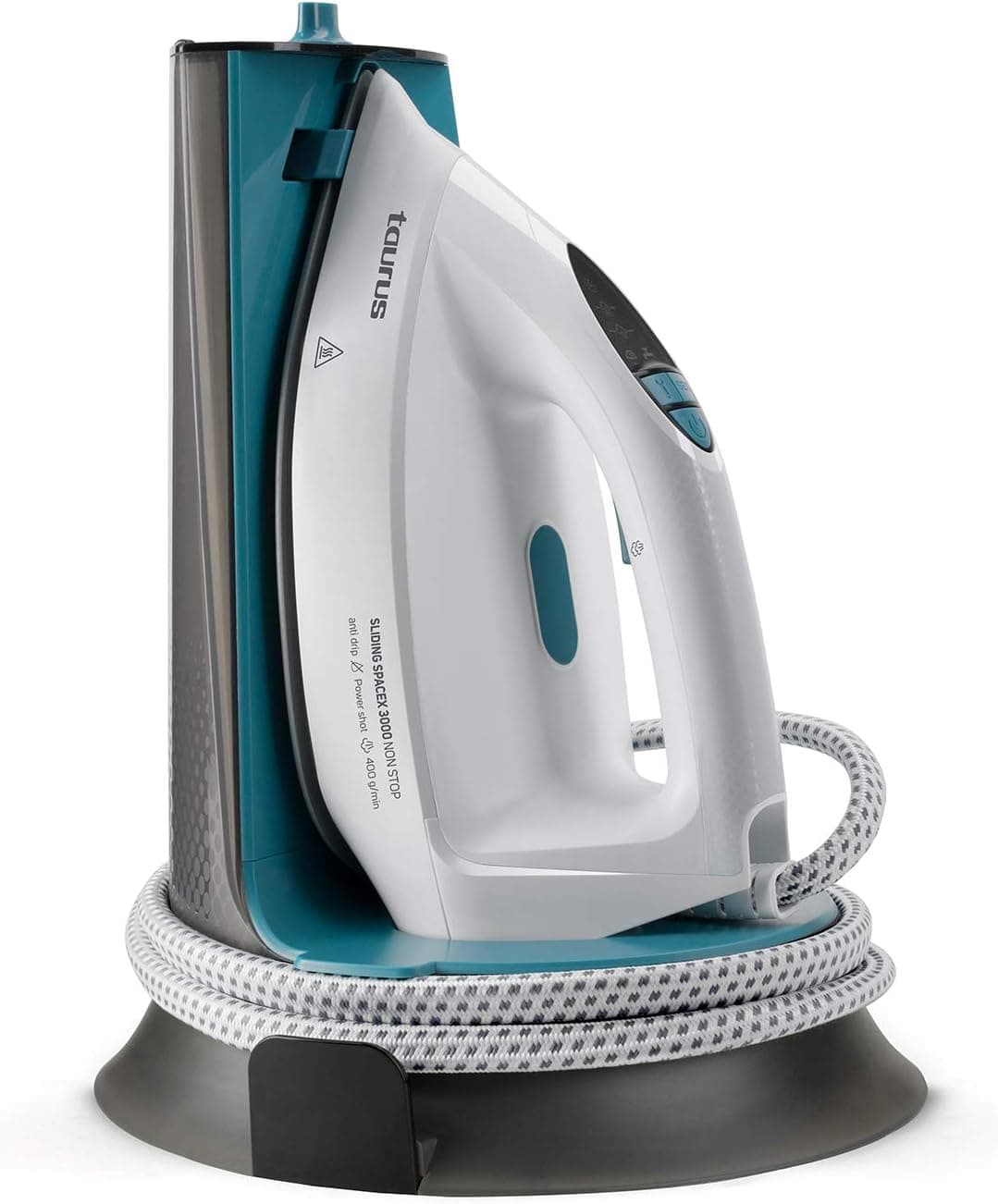 Taurus Sliding Spacex 3000 Non Stop Centro de engomar compacto, aquecimento em 30s, golpe de vapor 400 g/min, vapor contínuo de 130 g/min, depósito removível de 1,3 l, sola cerâmica