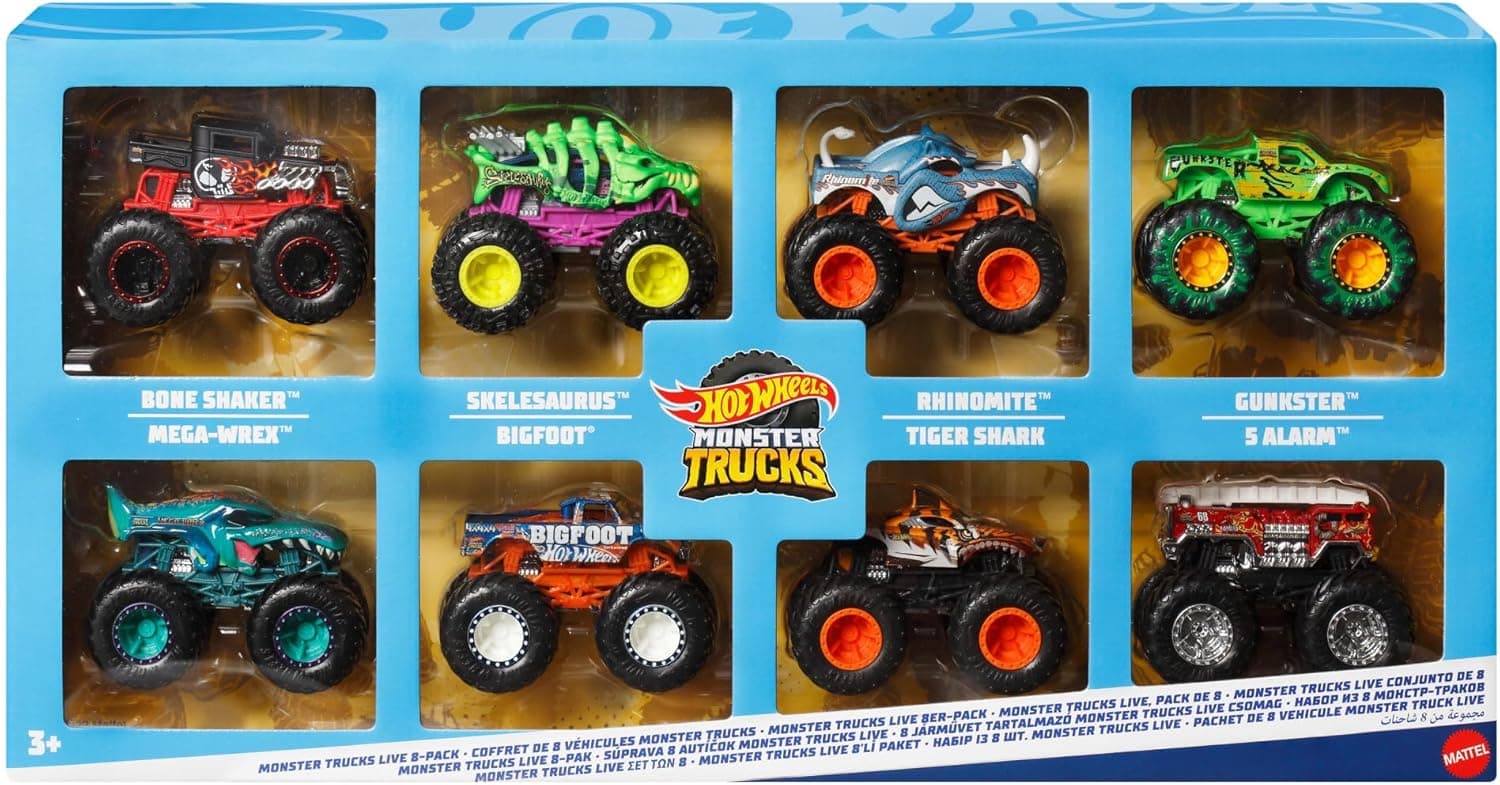 Hot Wheels Monster Trucks Pack de 8 carros de brinquedo em escala 1:64 com rodas grandes, inclui camiões da Rhinomite, Bone Shaker e Tiger Shark, presente de brinquedo para meninos e meninas +3 anos