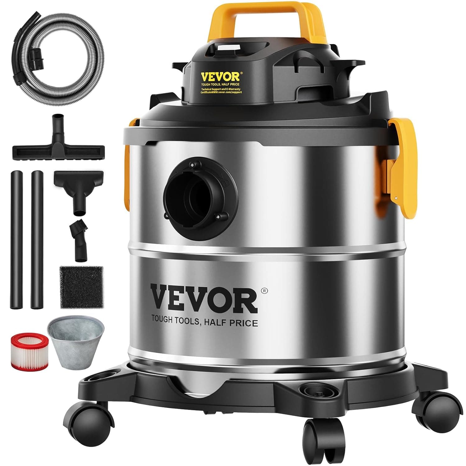 VEVOR Aspirador de oficina para seco e húmido, 20 l, 6 HP em de aço inoxidável, com sucção e soprador eficientes, , rodas, para tapetes, detritos, prata e preto, 330 x 340 x 450 mm