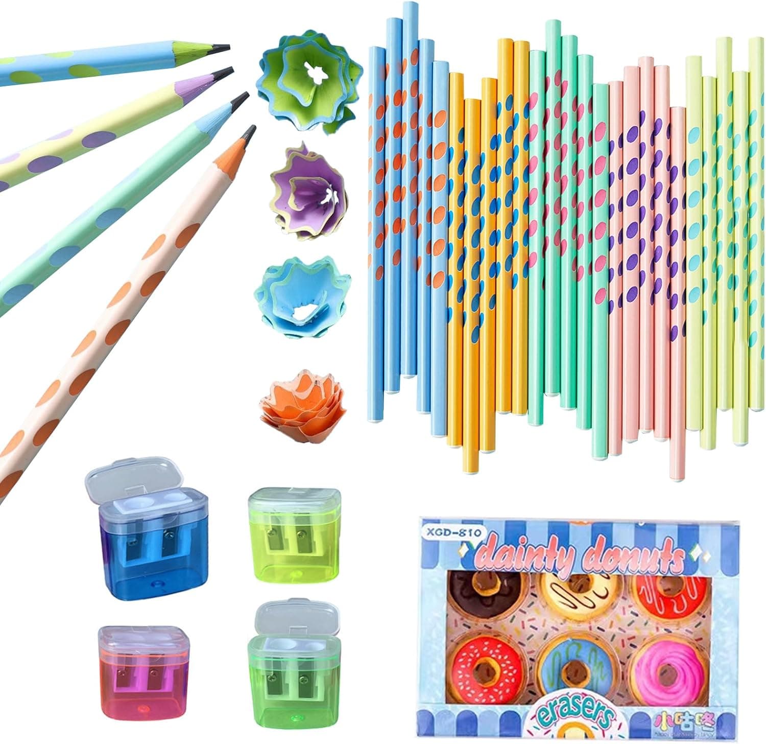 QZLSAYSL 35 lápis HB, 6 borrachas de apagar em forma de rosquilha, 2 afiadores, estojo personalizado, design com correção de aderência, pontas afiadas para escrever e desenhar em casa