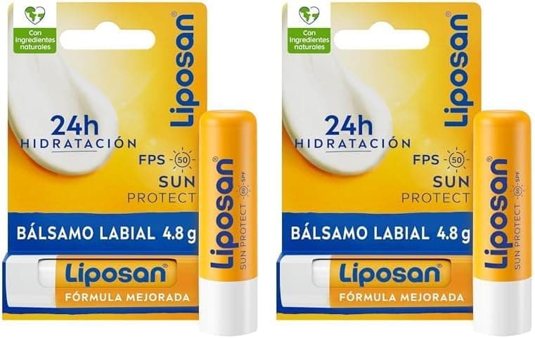 Liposan Sun Protect FPS 50 (1 x 4,8 g), cacau labial com 24 horas de hidratação, bálsamo labial com proteção solar, bálsamo hidratante para lábios macios (embalagem de 2)