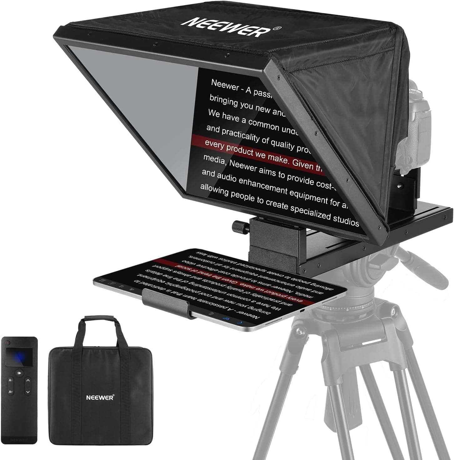NEEWER Basic X16B Teleprompter liga de alumínio elevável 16" para iPad, tablet telemóvel câmara DSLR sem montagem, remoto e APP controlo, compatível com iOS e Android, para ensinar e Live Streaming