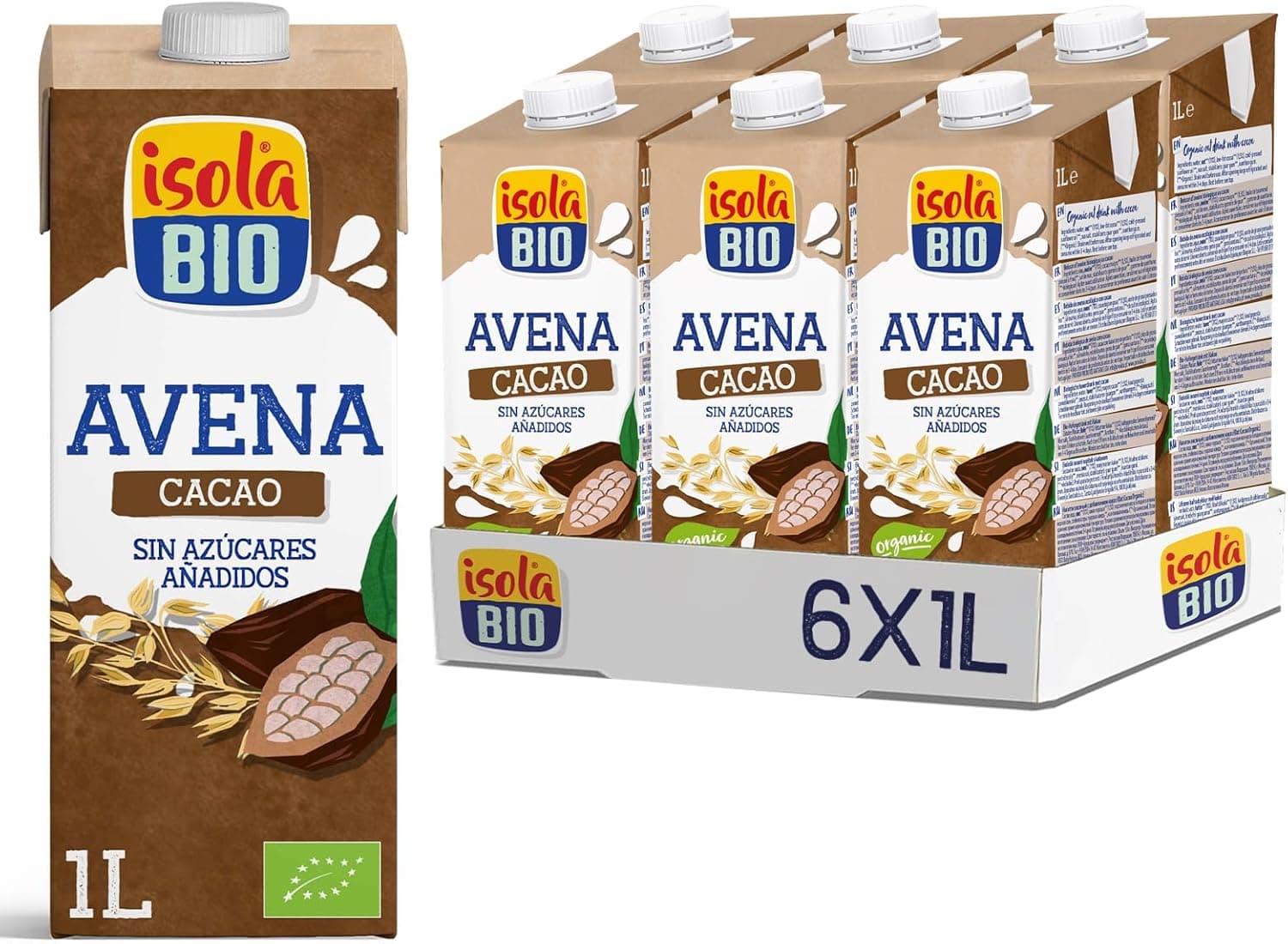 ISOLA BIO - Pacote de 6 unidades de 1 l de bebida ecológica vegetal de aveia com cacau - sem adição de açúcar e sem lactose - adequado para veganos, ideal para tomar sozinha, com café ou em batidos