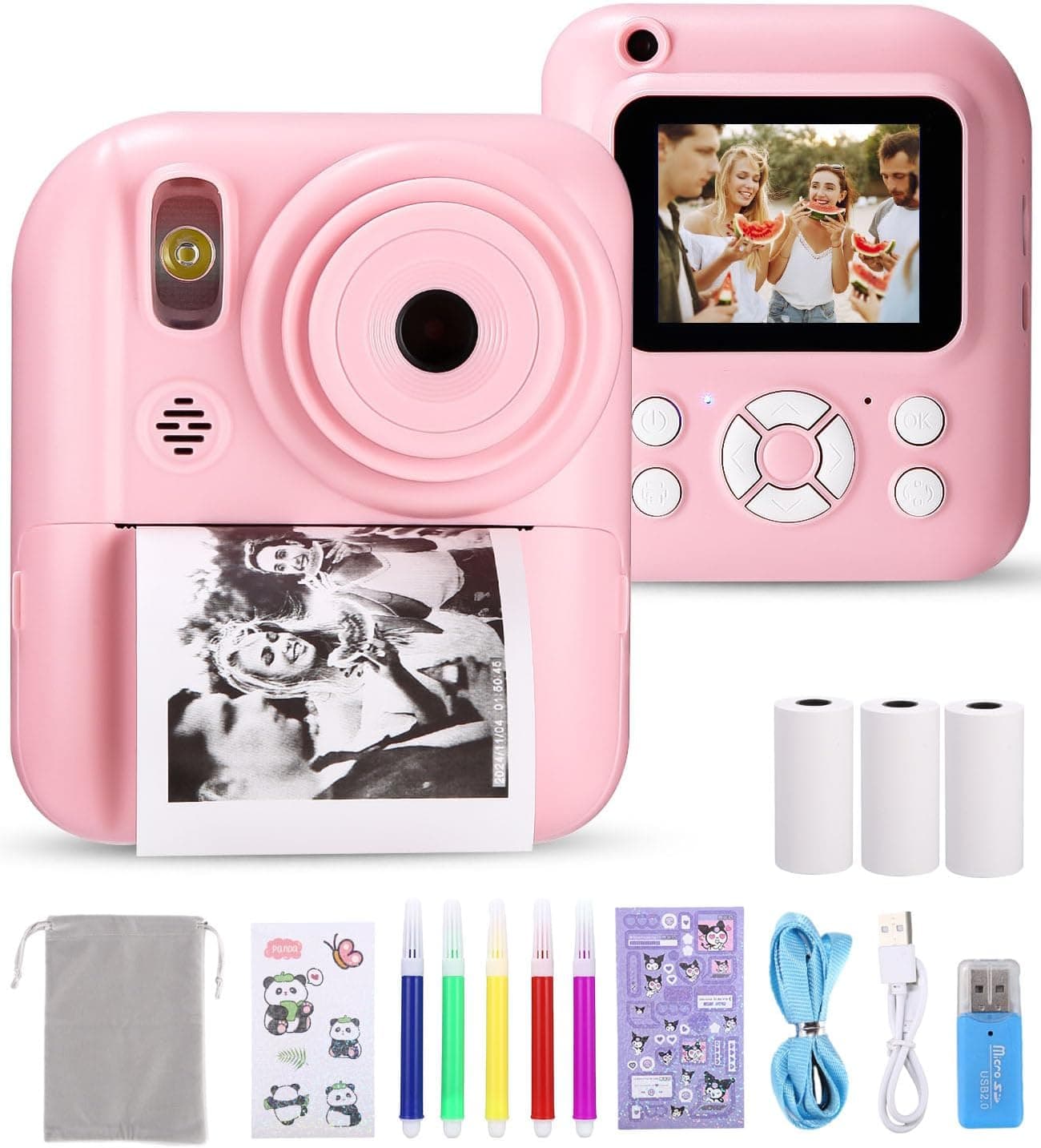 Ixydor Câmara instantânea para crianças, 1080 p 2,4 polegadas de ecrã da câmara instantânea das crianças, câmara de vídeo infantil com papel de impressão e cartão de 32 GB (rosa)