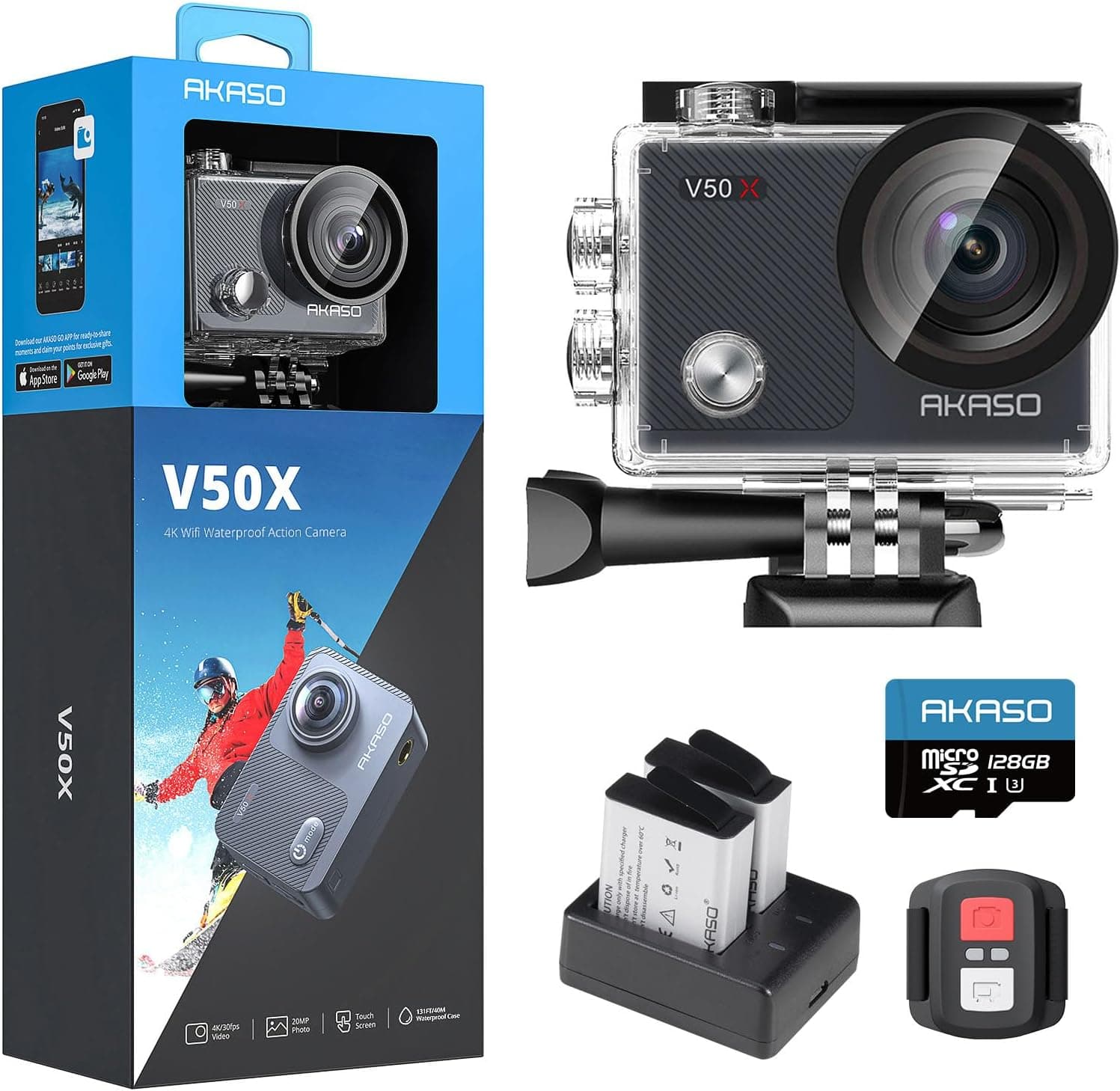 AKASO V50 X Câmara desportiva 4K com 128 GB microSDXC U3 cartão de memória câmara de ação Wi-Fi 20 MP câmara aquática submergível 40 m com ecrã tátil controlo remoto multi acessório