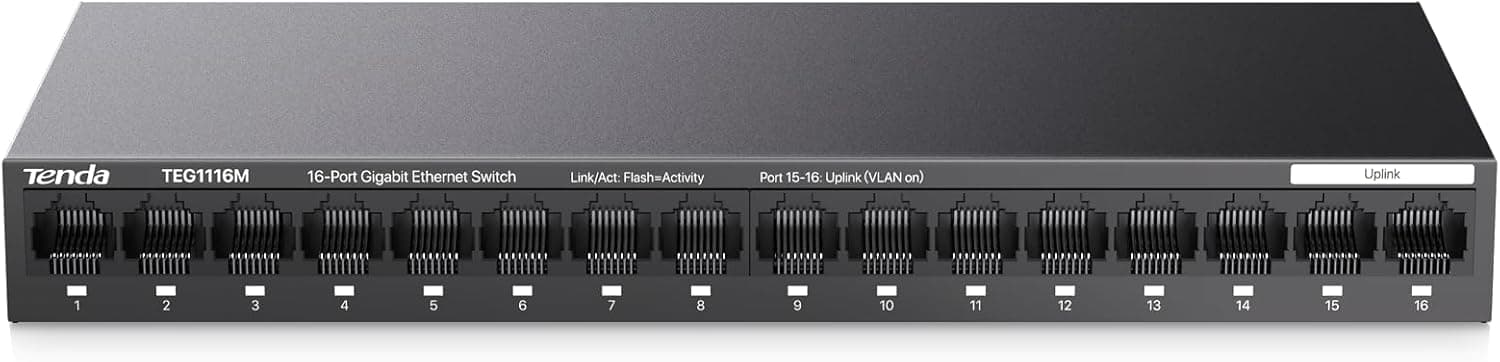 Tenda TEG1116M | Switch de rede Gigabit com 16 portas e função VLAN, proteção contra raios e montagem em secretária ou parede