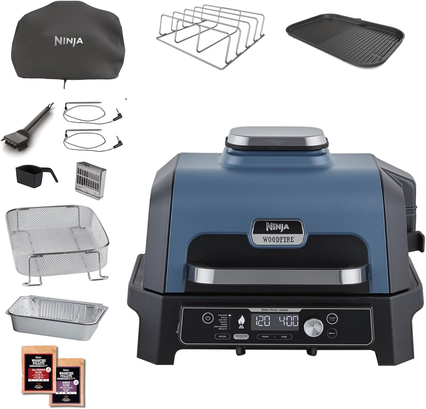 Ninja Woodfire Pro Connect XL Grelha elétrica de exterior, fritadeira de ar, 7 em 1, controlo por aplicação, 2 sensores digitais, grade para nervuras, capa e escova, azul/preto, OG901EUAMZ