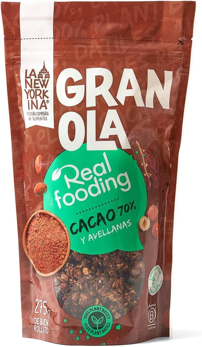 LA NEWYORKINA Granola Real Fooding Cacau 70% | Granola deliciosa cozida com azeite de oliva virgem extra e pasta de tâmara, aveia, cacau 70% e avelãs